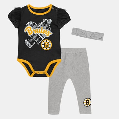 Boston Bruins Outerstuff Girls Newborn & Infant Fumble Fairy Bodysuit, Pants & Headband Three-Piece Set - Black/Gray