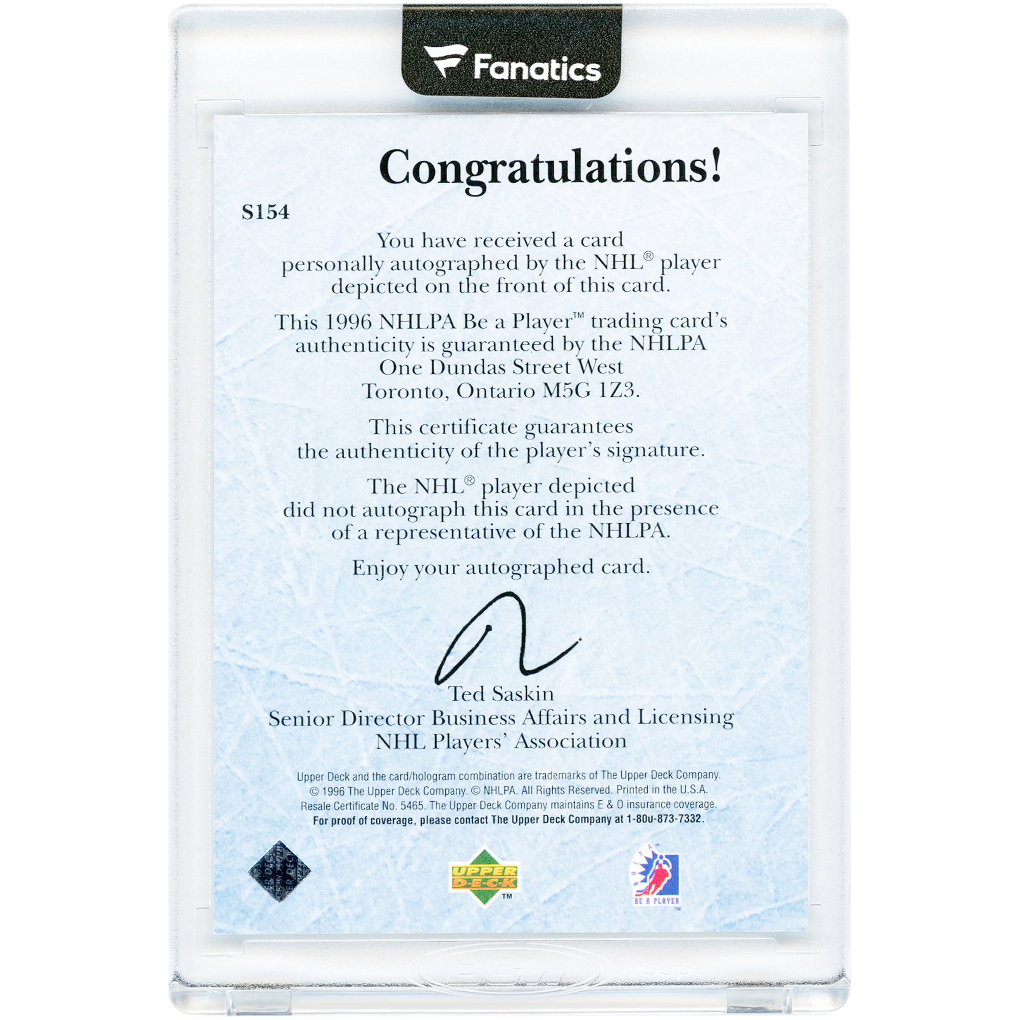 Carte autographiée de Joe Mullen (Bruins de Boston) de 1996, Upper Deck NHLPA Be A Player #S154