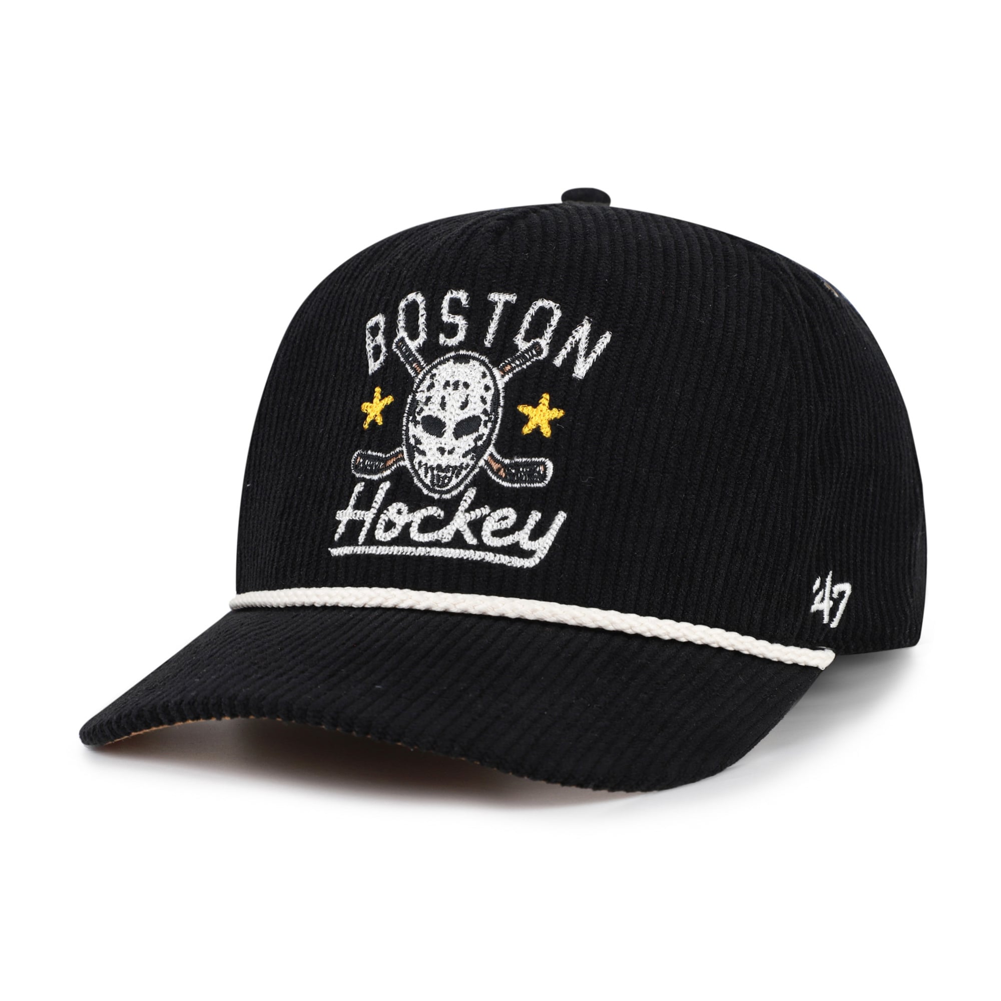 Masque de hockey Boston Bruins noir pour homme, modèle 47, en velours côtelé avec boucle ajustable.