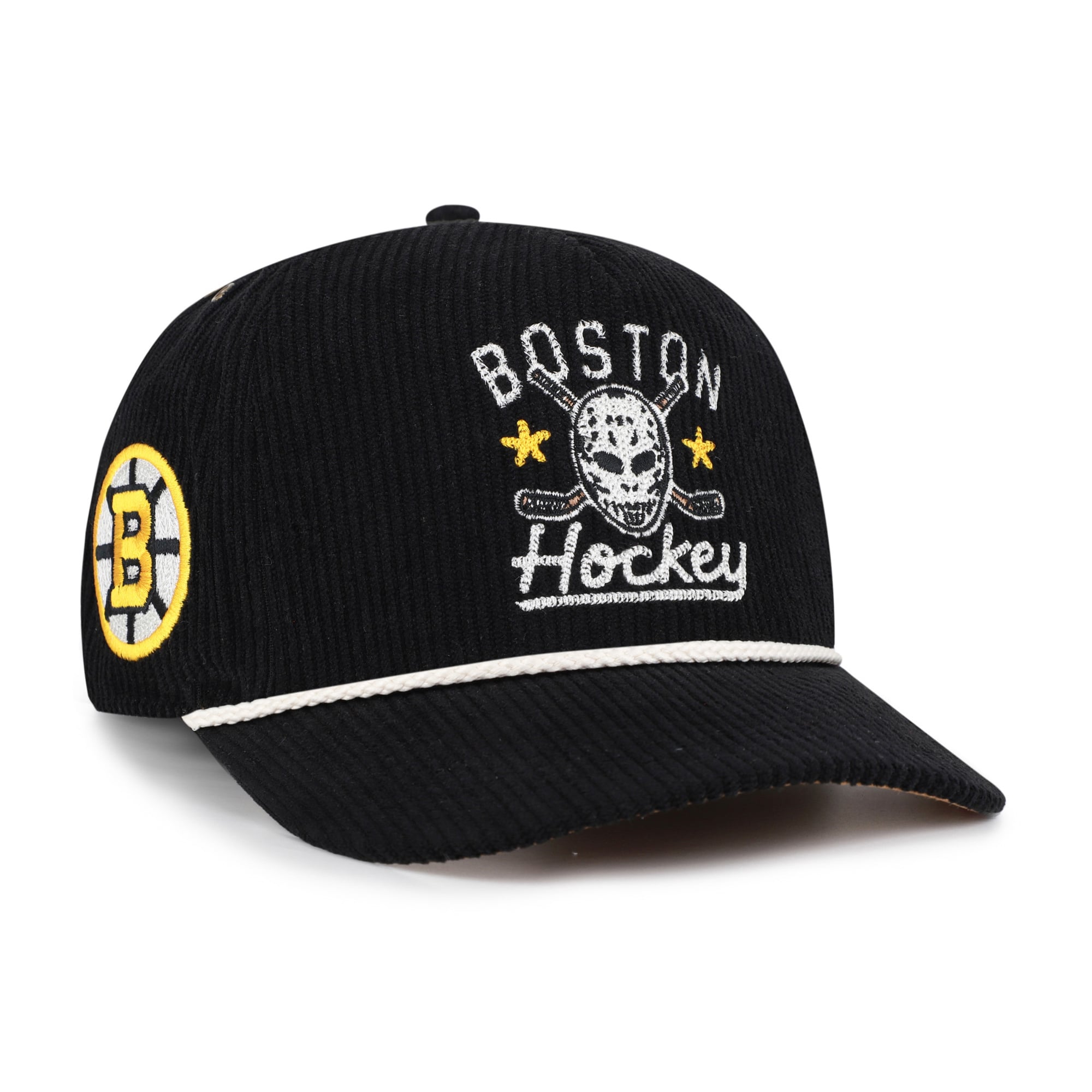 Masque de hockey Boston Bruins noir pour homme, modèle 47, en velours côtelé avec boucle ajustable.