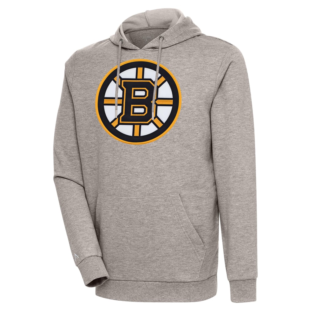 Men's Boston Bruins Antigua Oatmeal Logo Action Chenille Pullover Hoodie