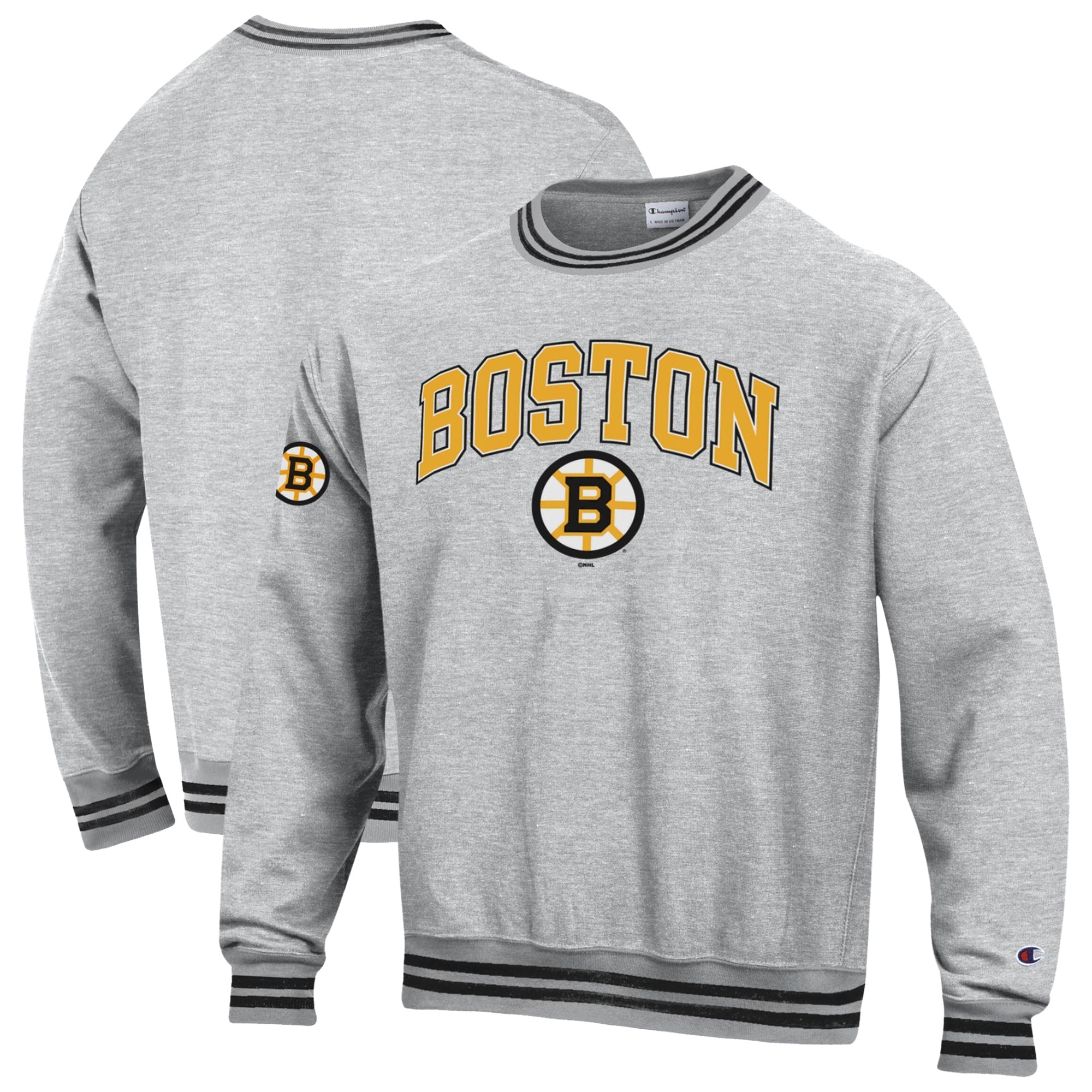 Men's Champion  Heather Gray/Black Boston Bruins Reverse Weave Yarn Dye Sweatshirt