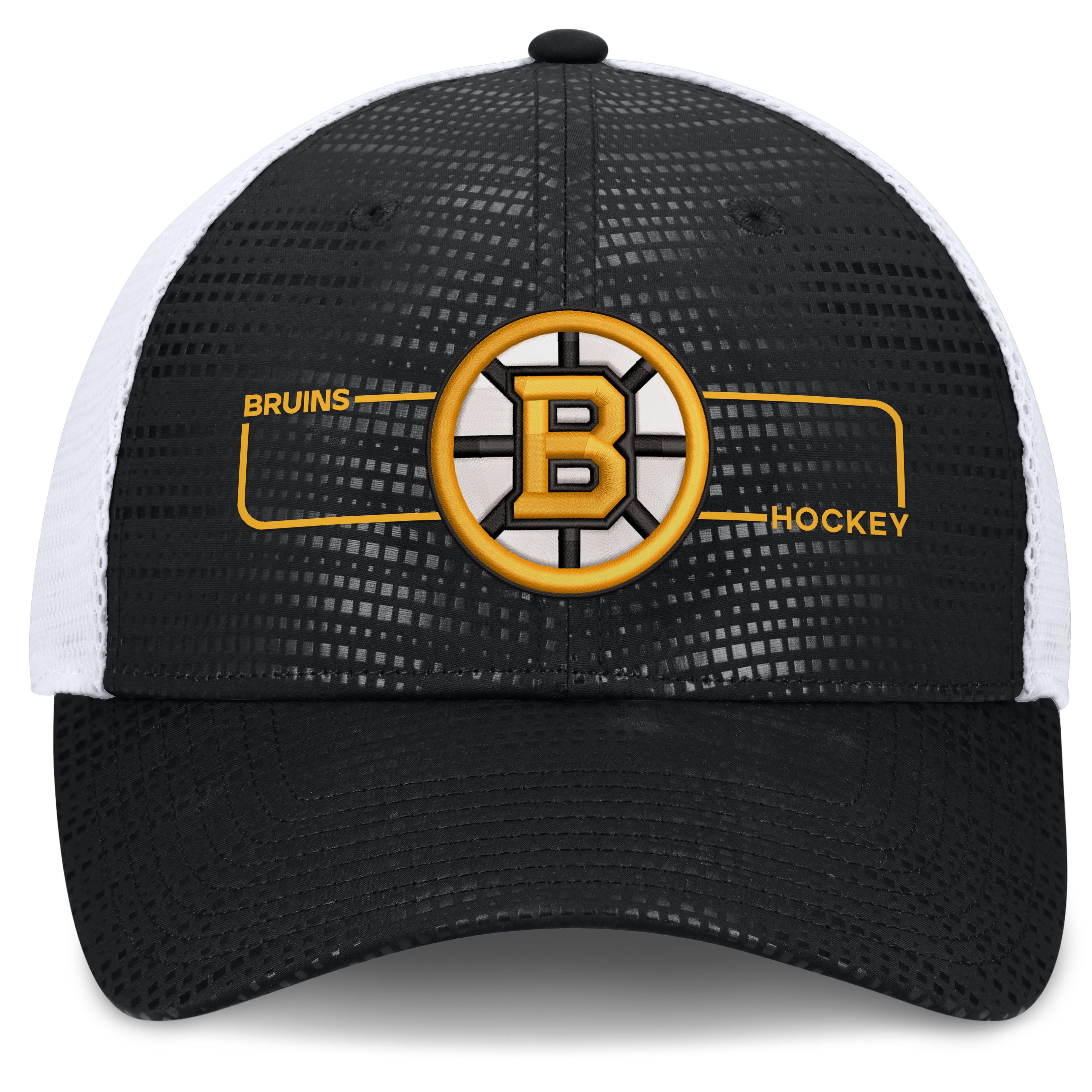 Men's Fanatics Black Boston Bruins Authentic Pro Rink Boxed Logo Trucker Hat