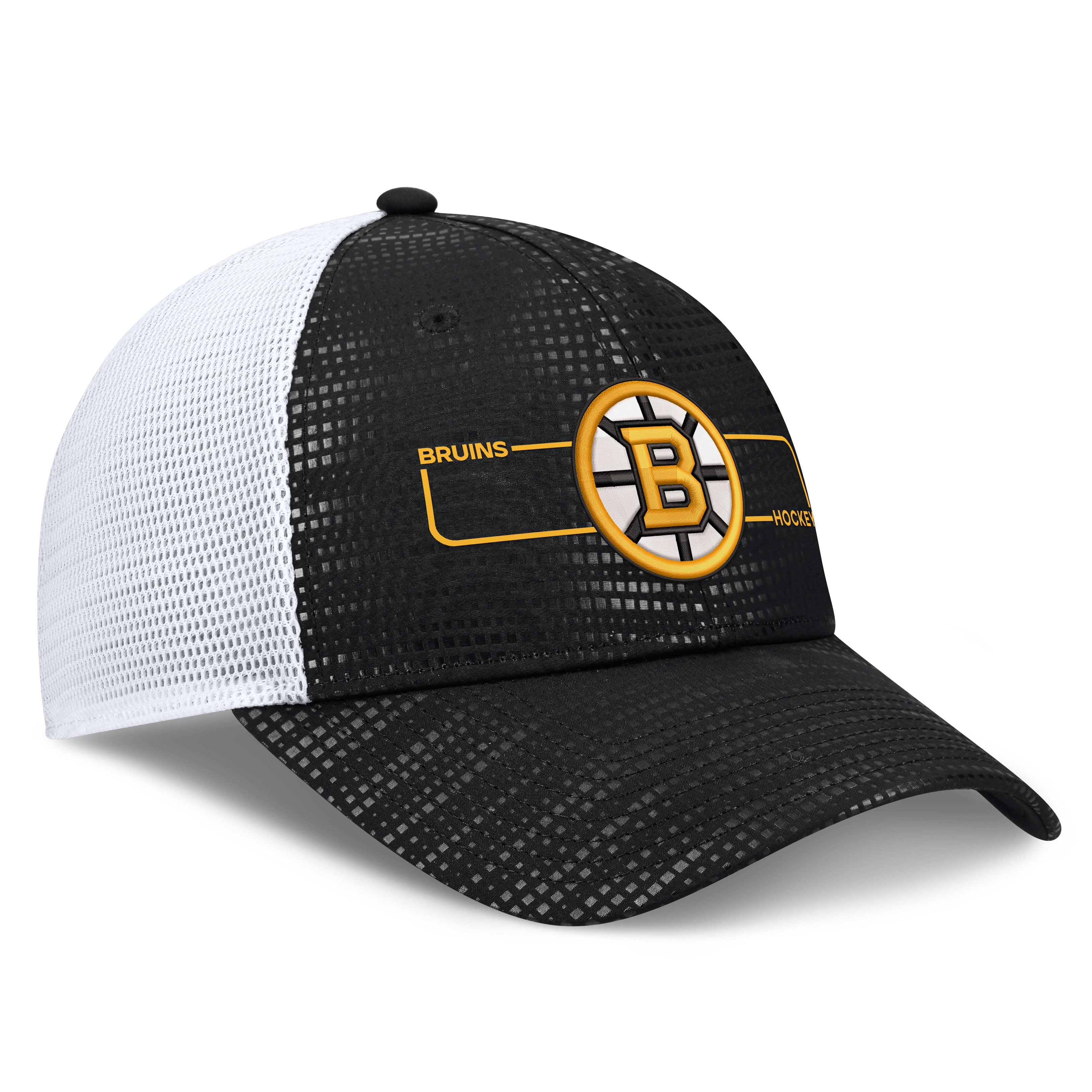 Men's Fanatics Black Boston Bruins Authentic Pro Rink Boxed Logo Trucker Hat