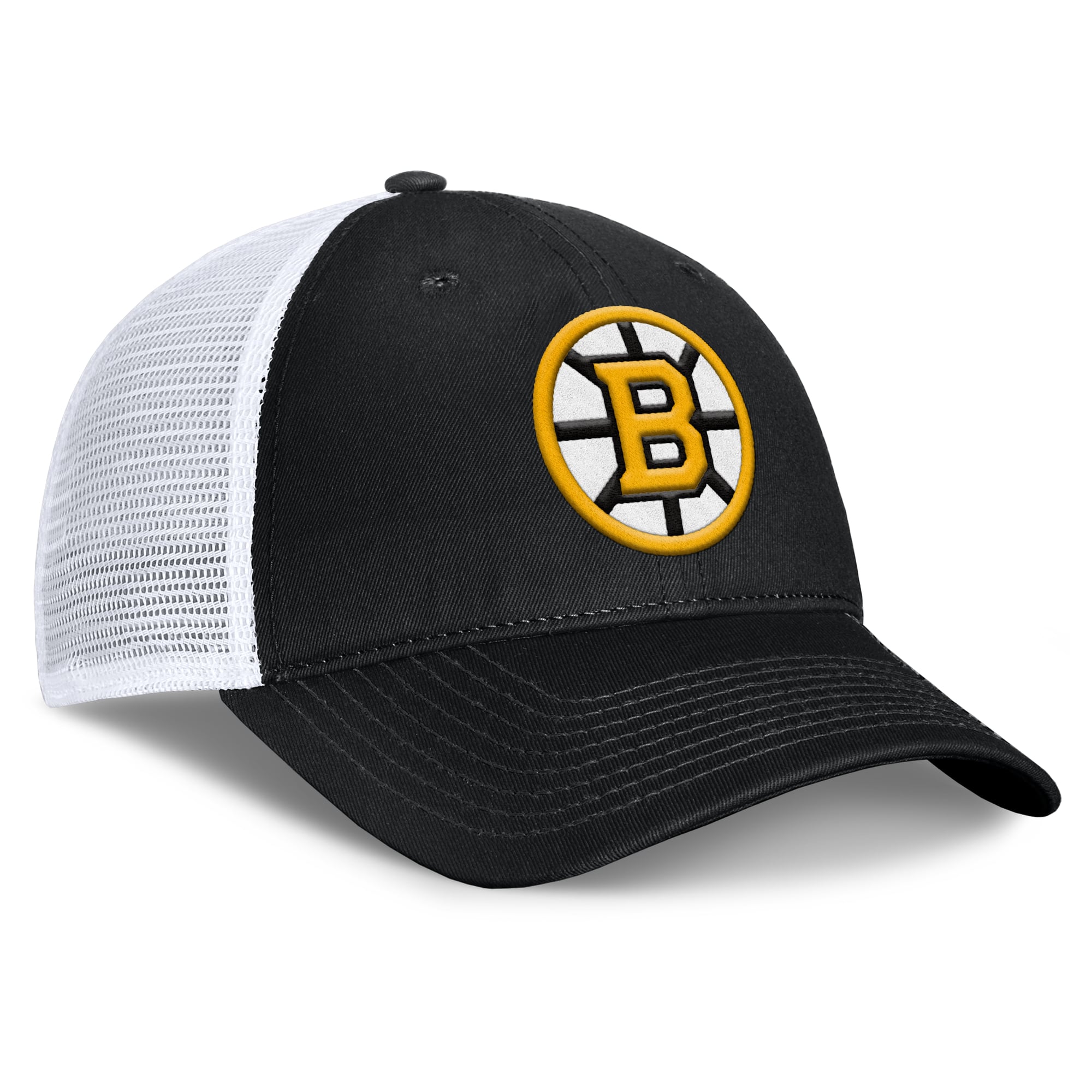 Men's Fanatics Black/White Boston Bruins Core Primary Logo Trucker Adjustable Hat