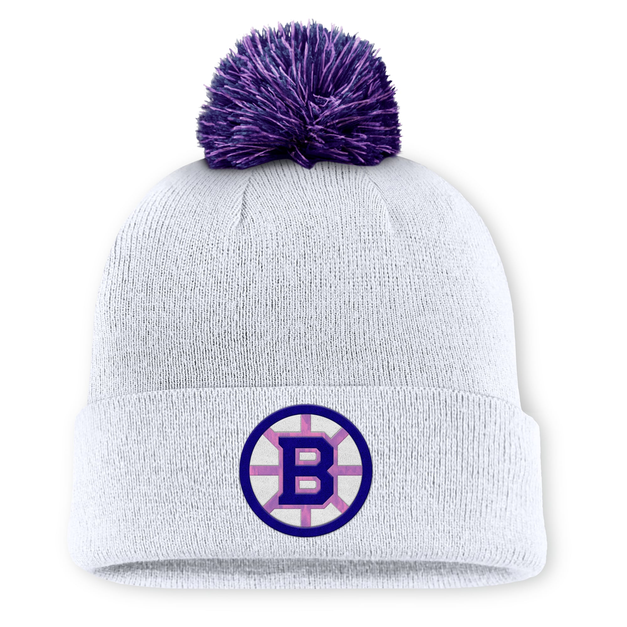 Men's Fanatics White Boston Bruins Authentic Pro Hockey Fights Cancer Cuffed Knit Hat with Pom