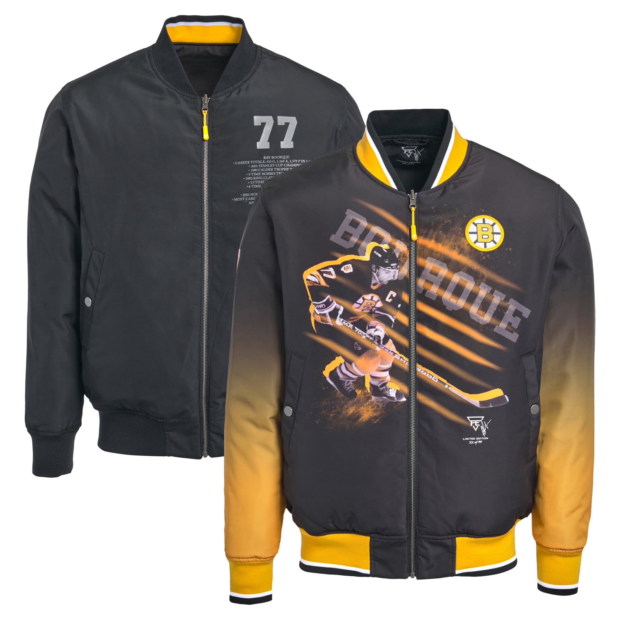 Veste bomber réversible zippée intégrale pour homme FE Ray Bourque noire des Bruins de Boston