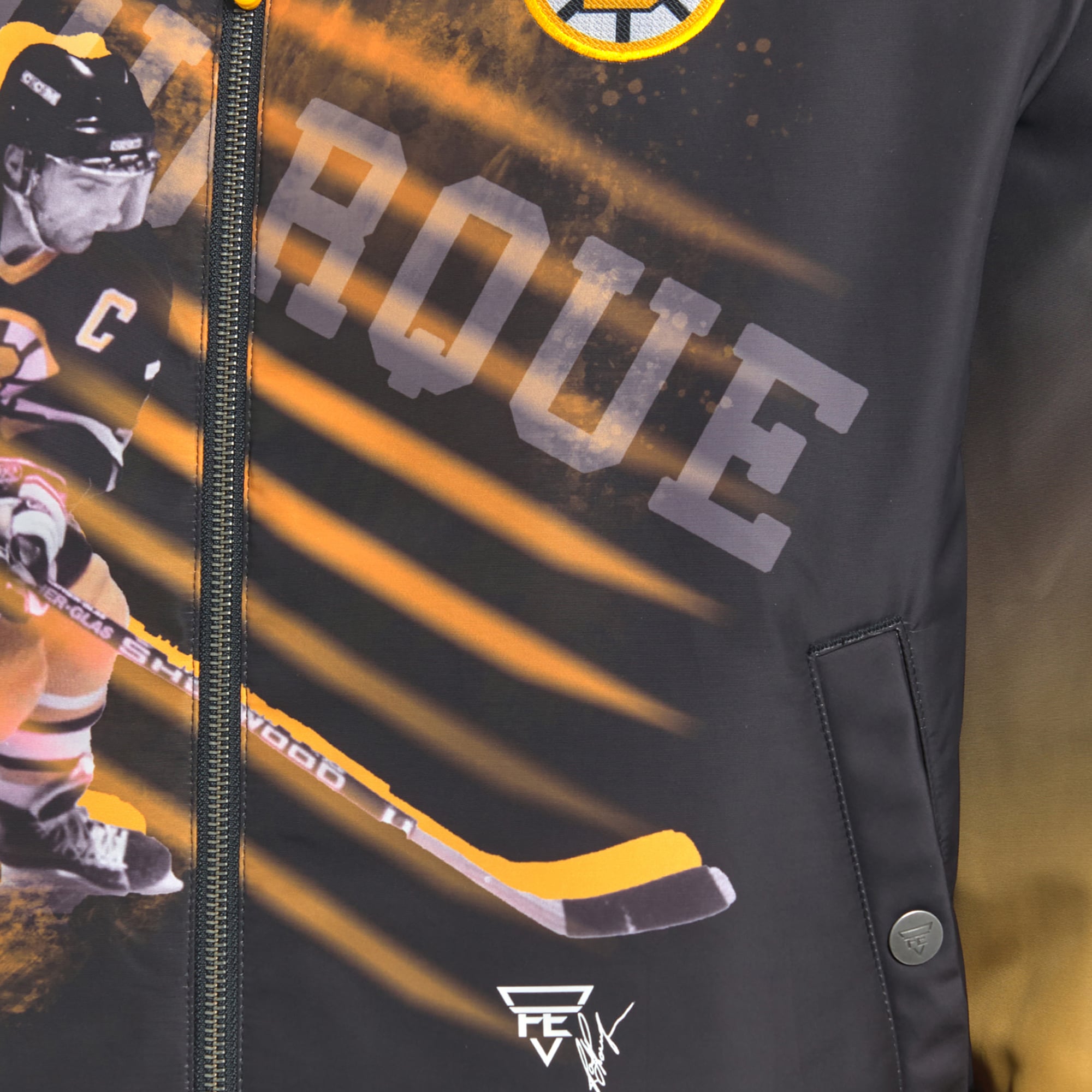 Veste bomber réversible zippée intégrale pour homme FE Ray Bourque noire des Bruins de Boston