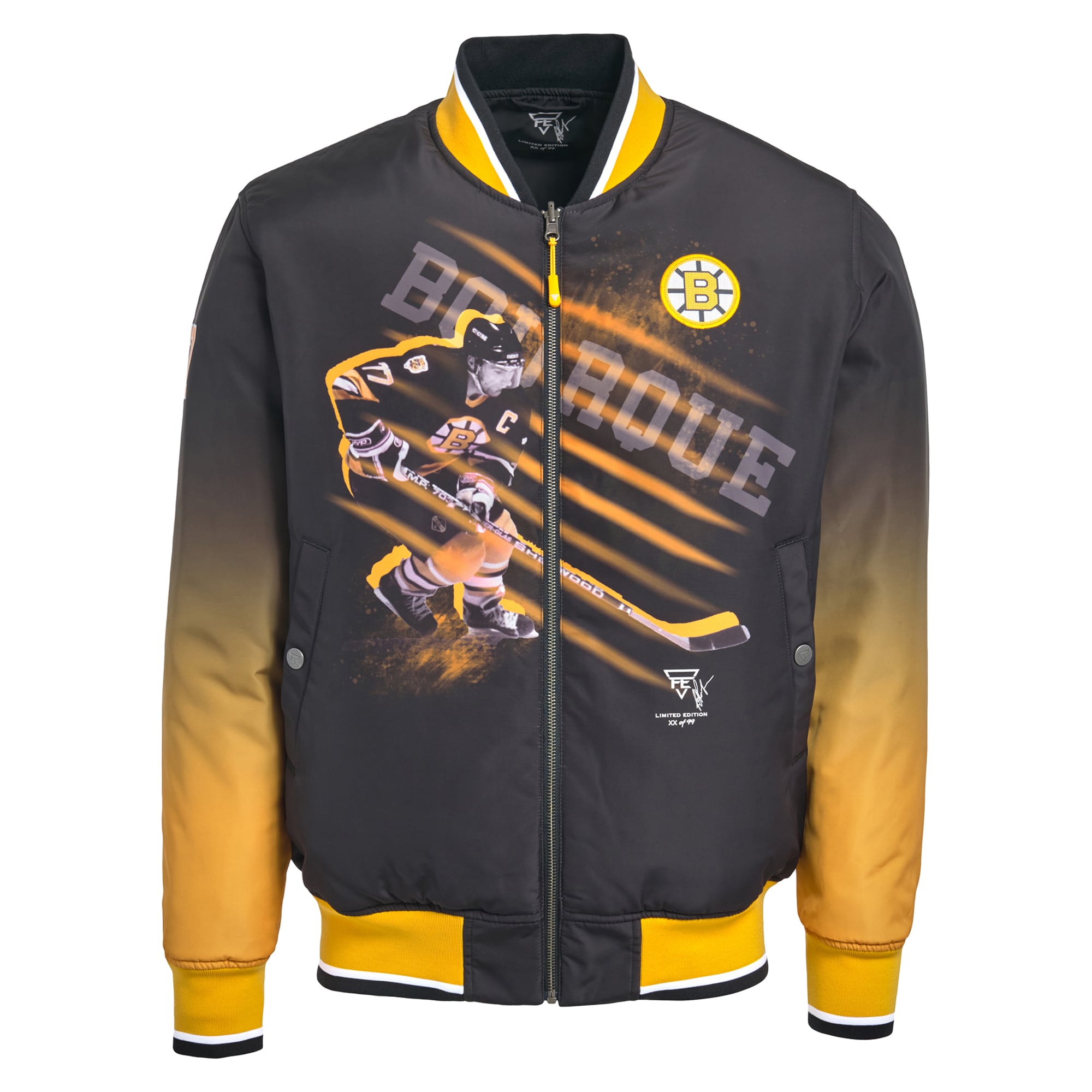 Veste bomber réversible zippée intégrale pour homme FE Ray Bourque noire des Bruins de Boston