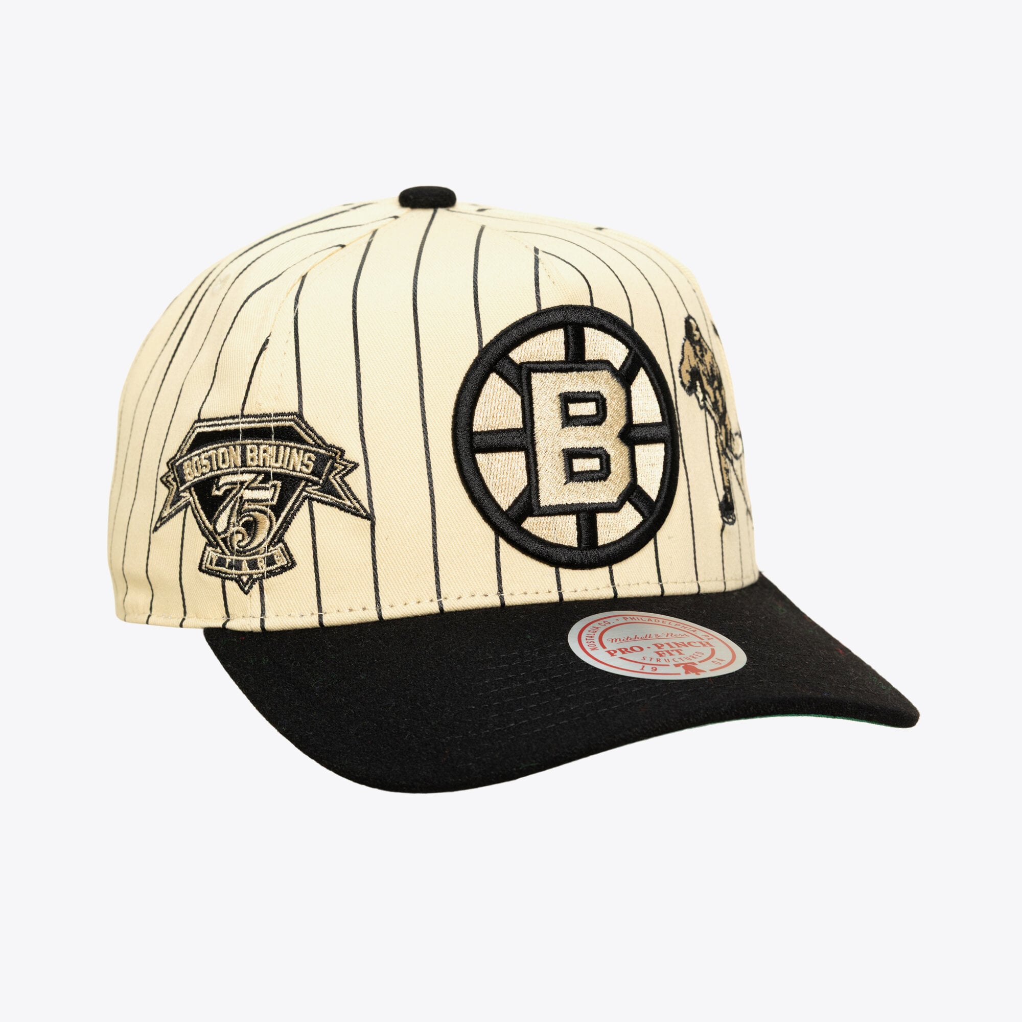 Men's Mitchell & Ness Cream Boston Bruins Retro Roots Vintage Stripe Pro Snapback Hat