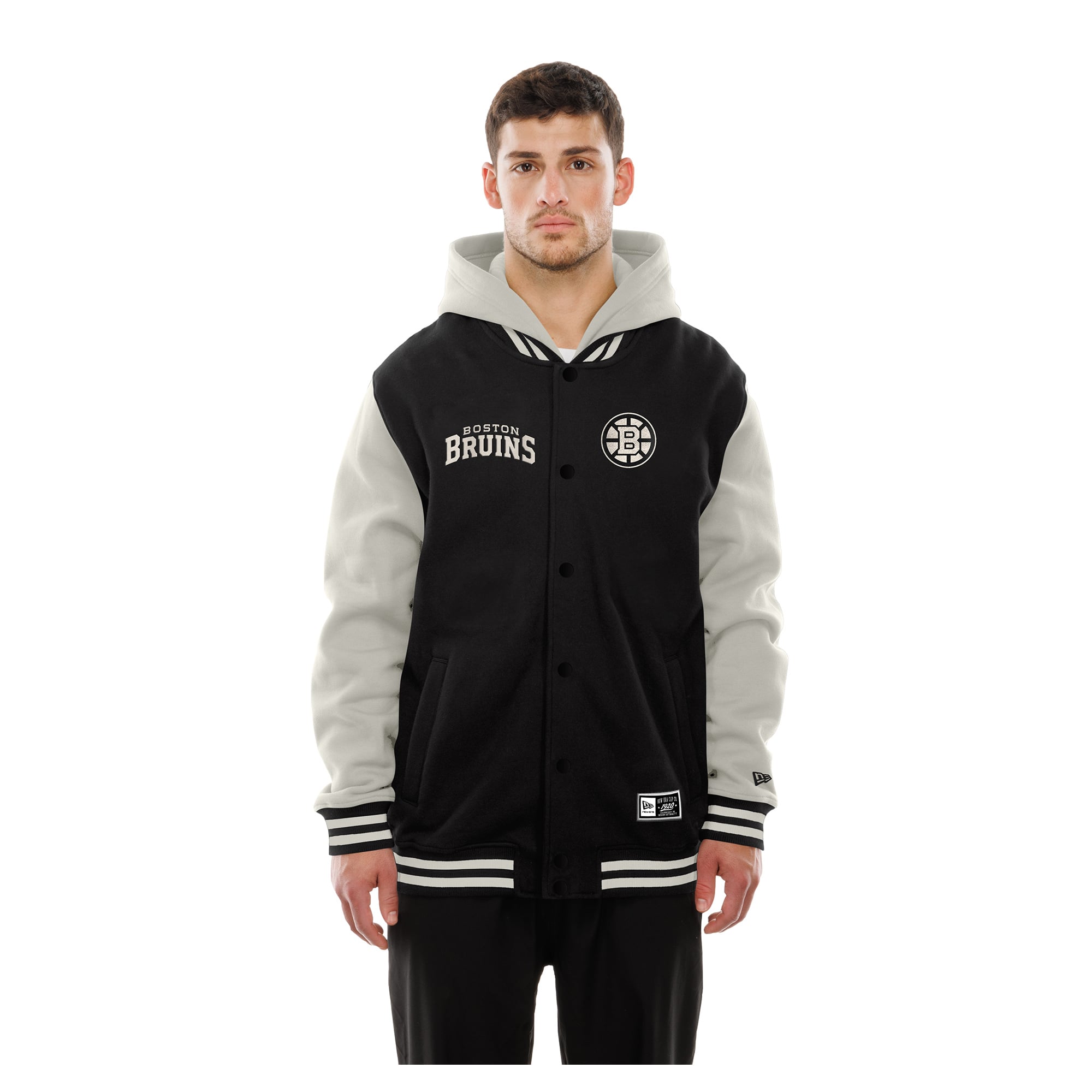 Veste universitaire à capuche New Era noire et grise des Bruins de Boston pour homme, fermeture boutons-pression.