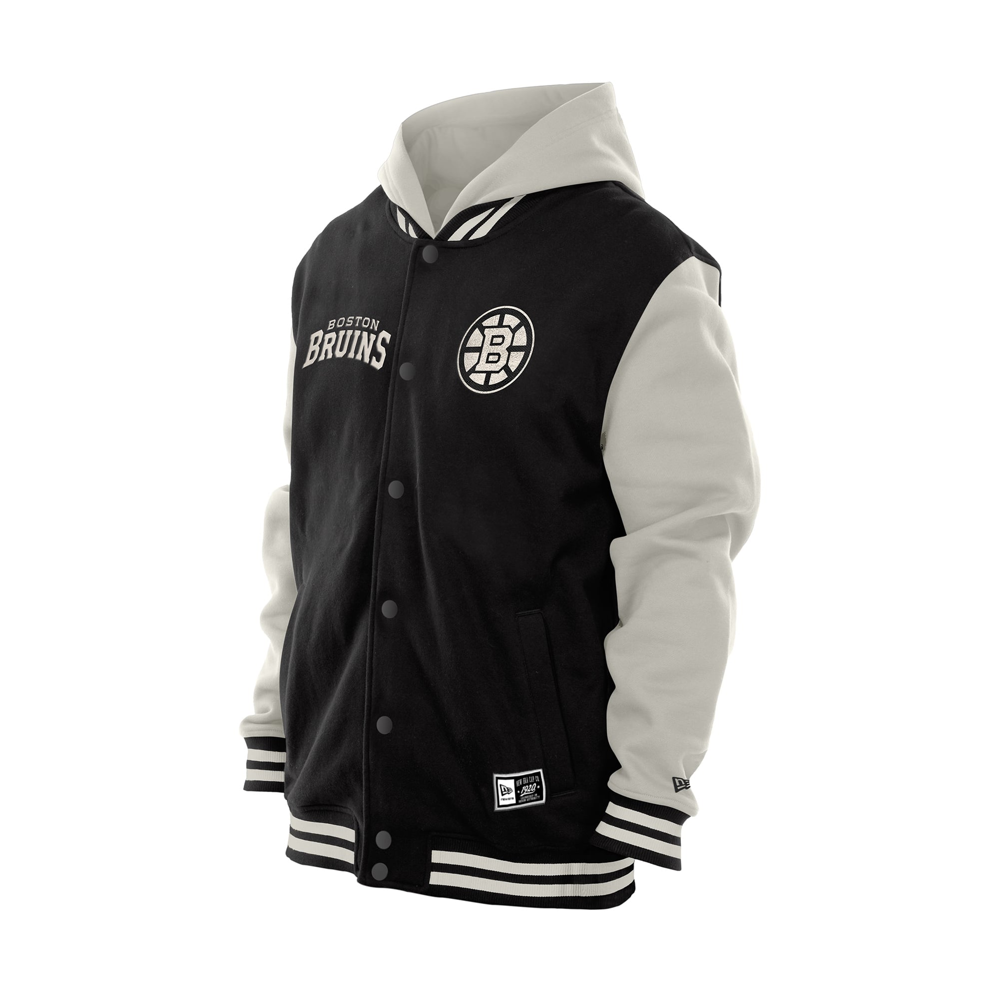 Veste universitaire à capuche New Era noire et grise des Bruins de Boston pour homme, fermeture boutons-pression.