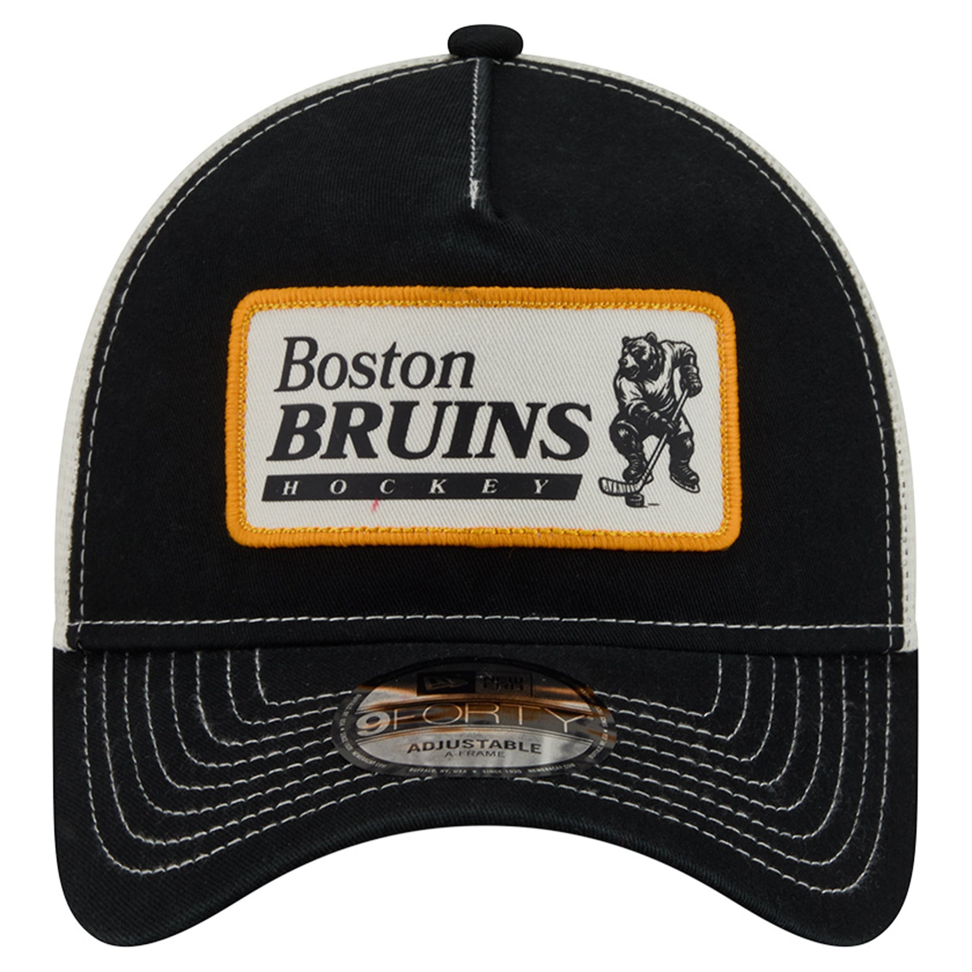 Men's New Era Black/White Boston Bruins Skater Patch A-Frame 9FORTY Adjustable Trucker Hat