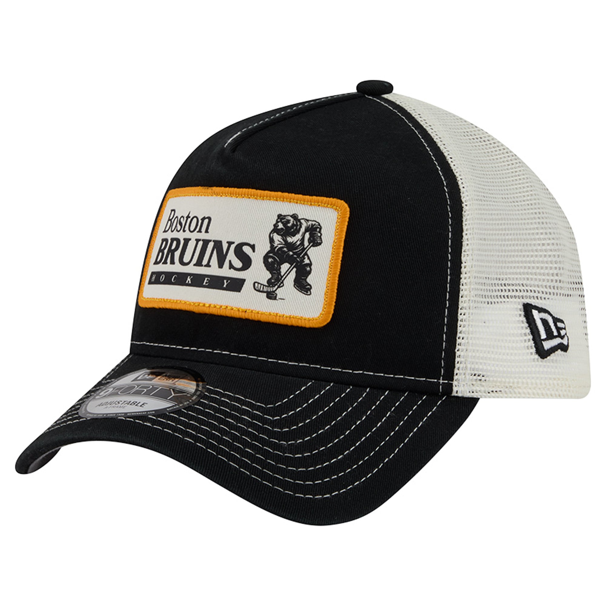 Men's New Era Black/White Boston Bruins Skater Patch A-Frame 9FORTY Adjustable Trucker Hat