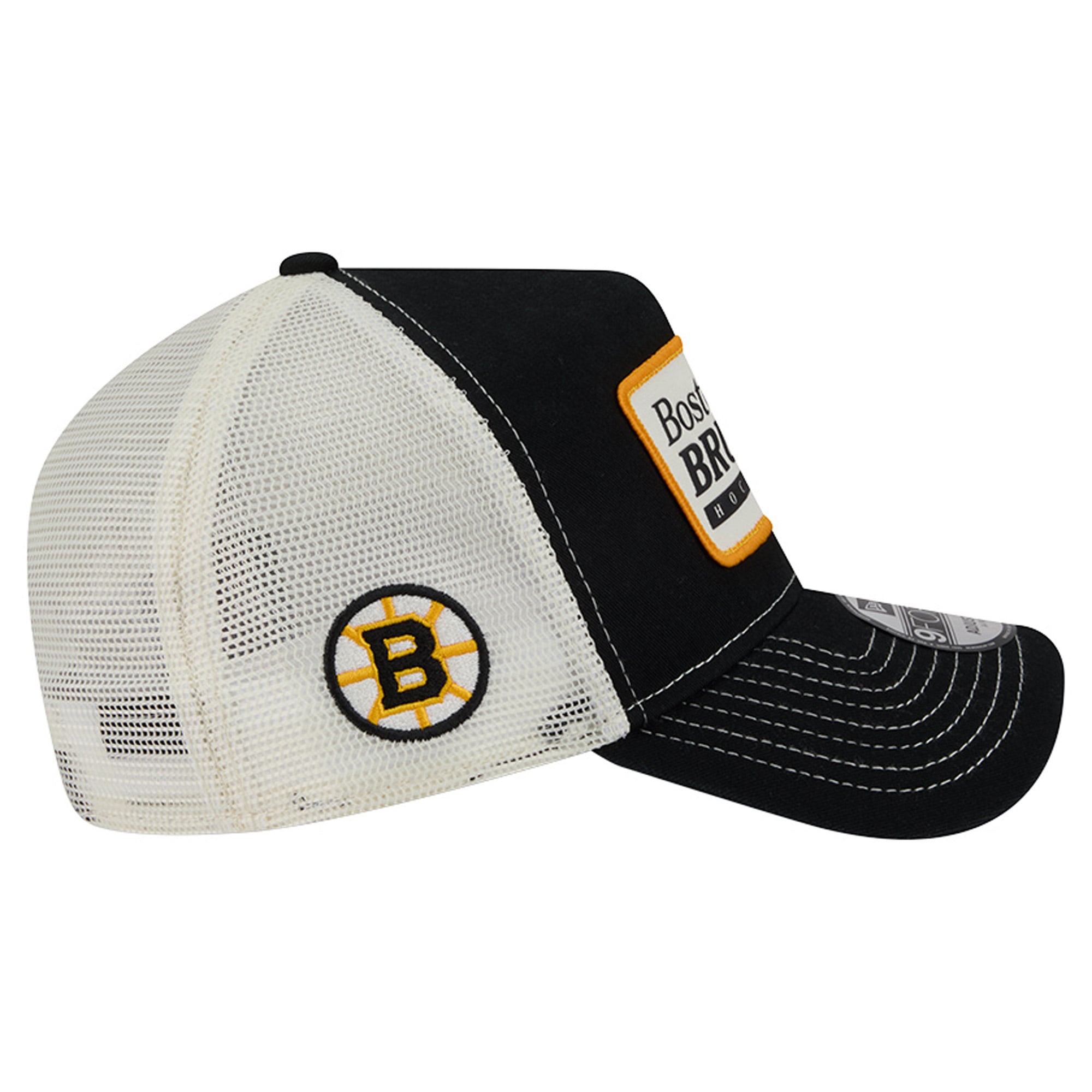 Men's New Era Black/White Boston Bruins Skater Patch A-Frame 9FORTY Adjustable Trucker Hat
