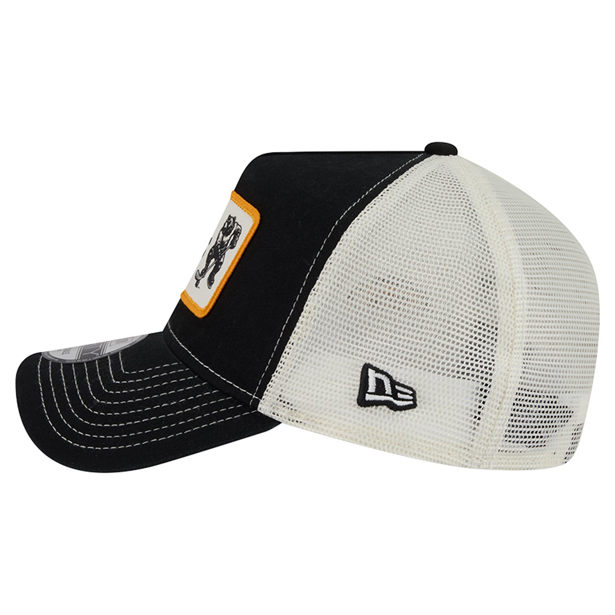 Men's New Era Black/White Boston Bruins Skater Patch A-Frame 9FORTY Adjustable Trucker Hat