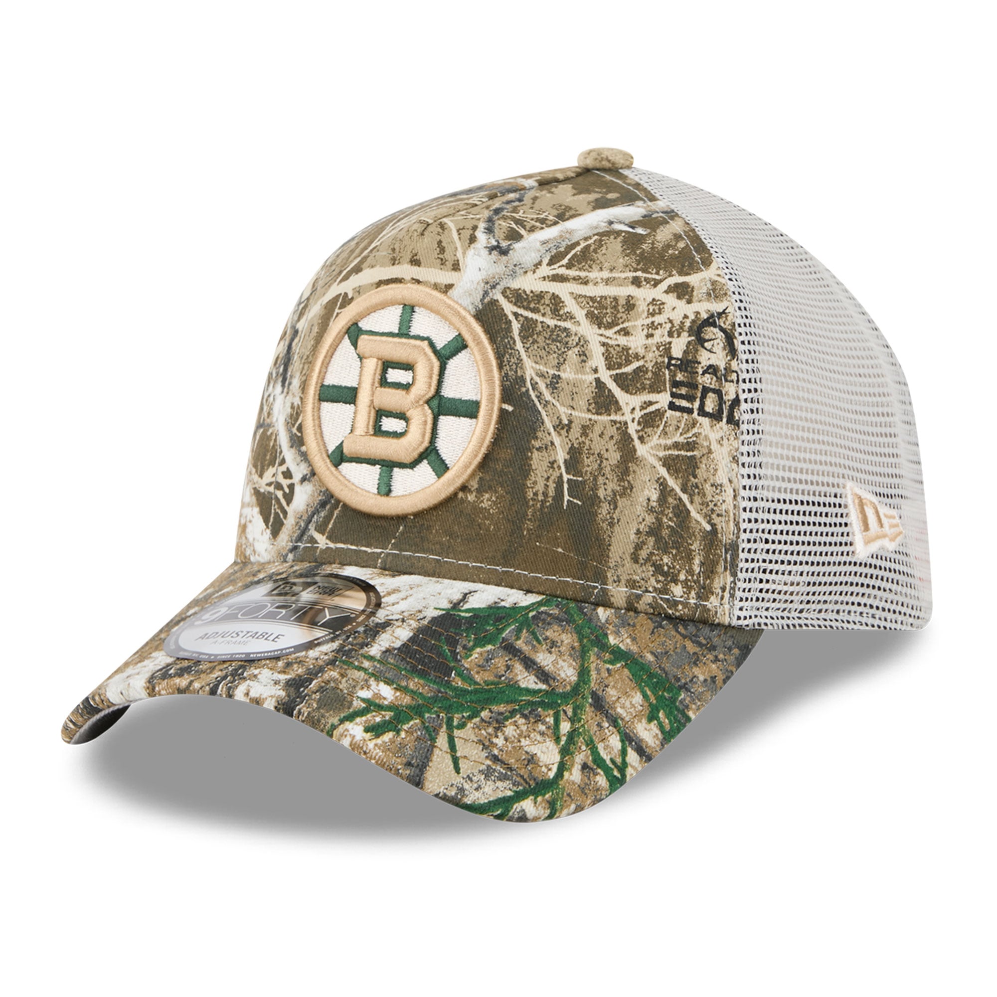 Men's New Era Camo Boston Bruins Real Tree A-Frame 9FORTY Adjustable Trucker Hat