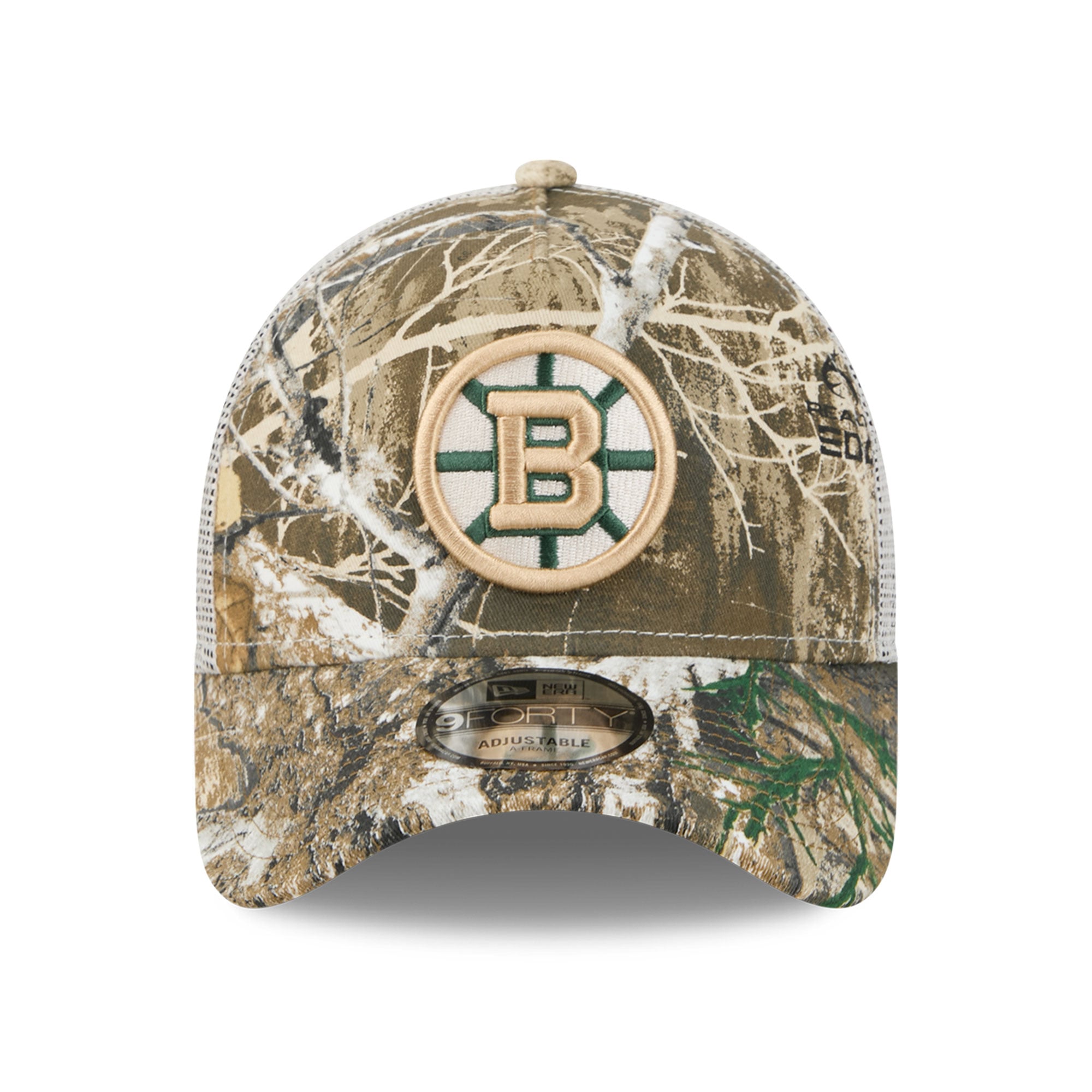 Men's New Era Camo Boston Bruins Real Tree A-Frame 9FORTY Adjustable Trucker Hat