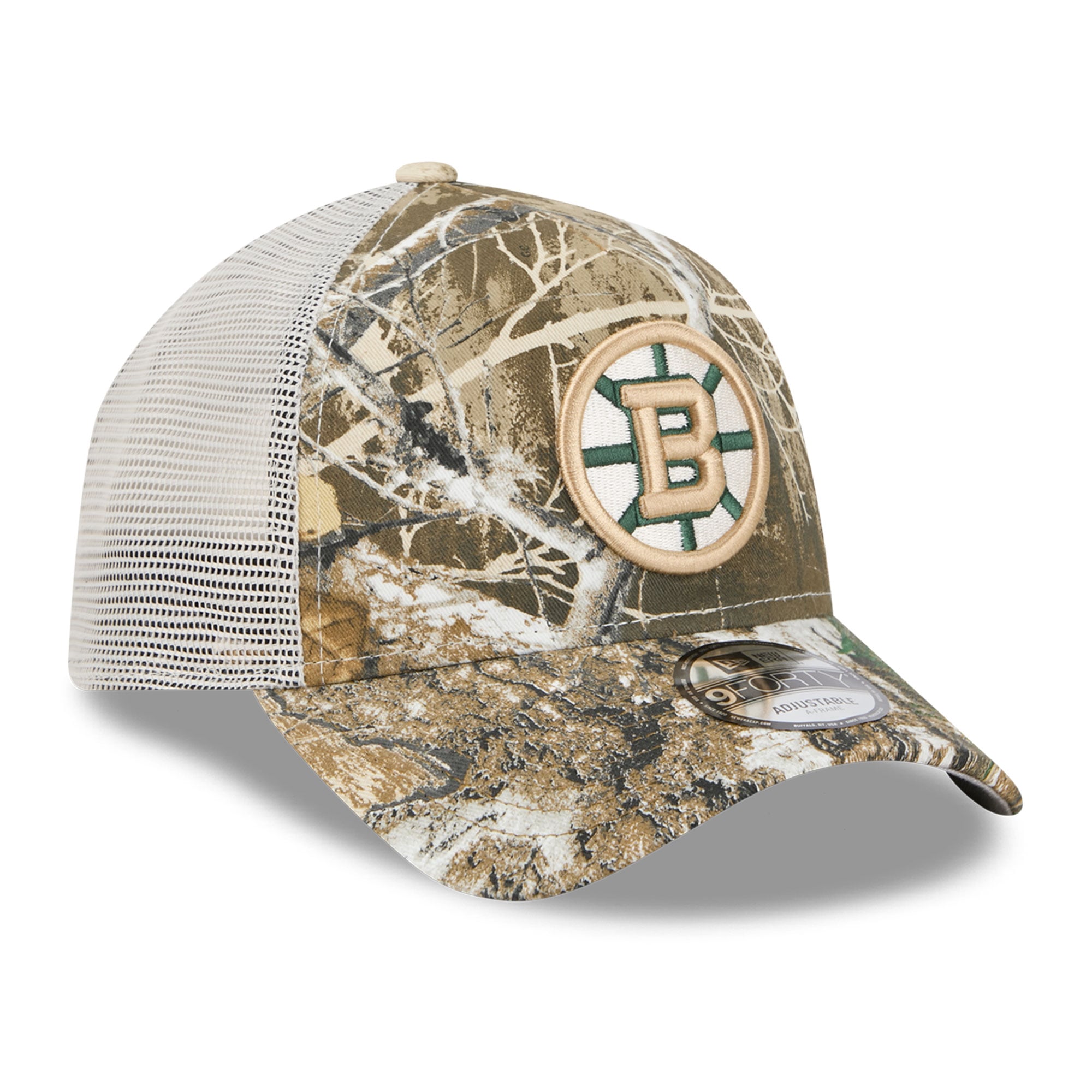 Men's New Era Camo Boston Bruins Real Tree A-Frame 9FORTY Adjustable Trucker Hat