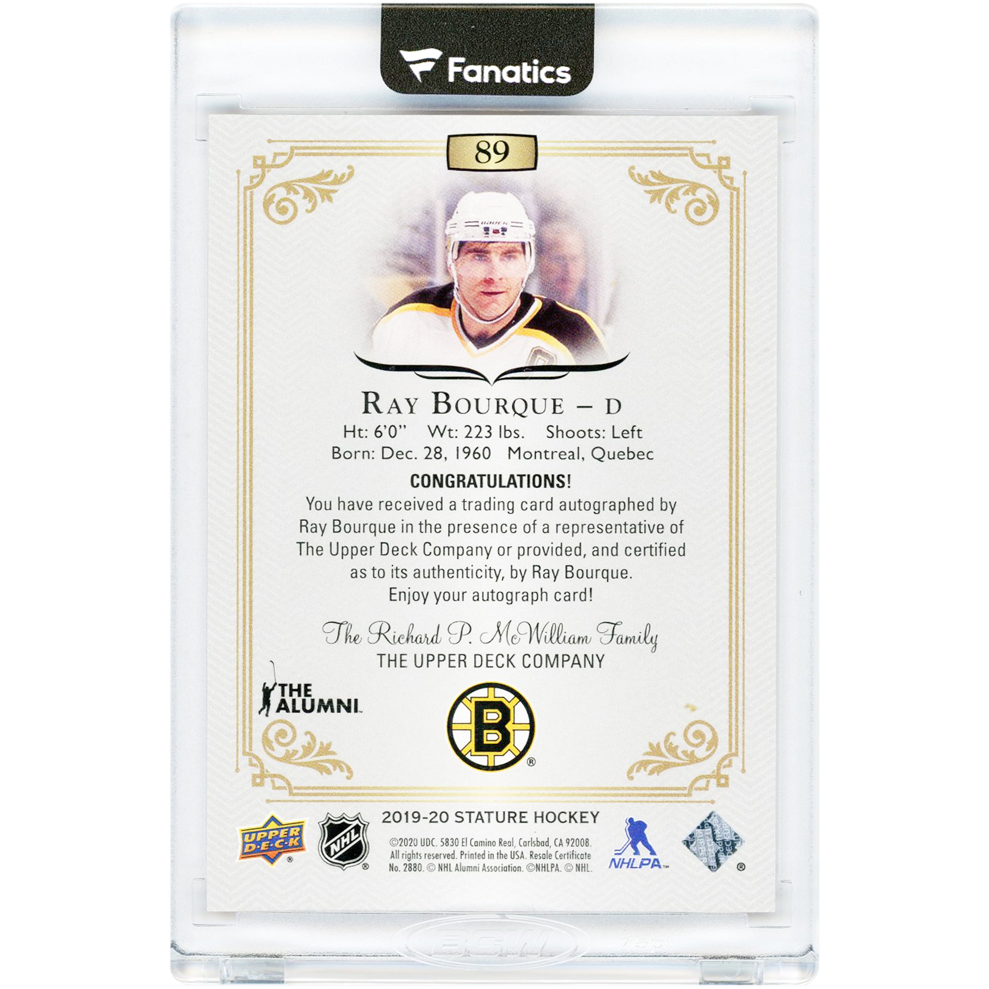 Carte autographiée de Ray Bourque (Bruins de Boston) 2019-20 Upper Deck Stature Red n° 89 n° 32/35