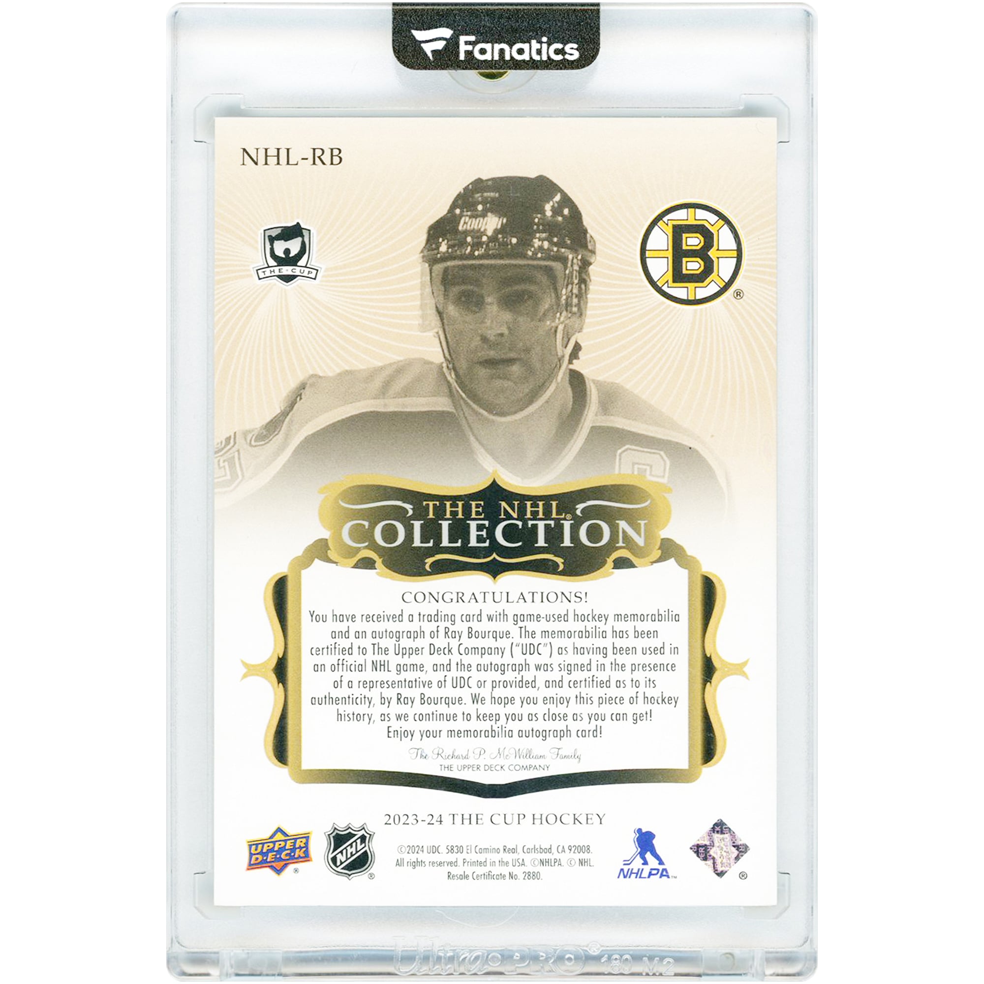 Carte autographiée de Ray Bourque (Bruins de Boston) 2023-24 Upper Deck The Cup The NHL Collection Tri-Color Game Used Relic #NHL-RB #1/10