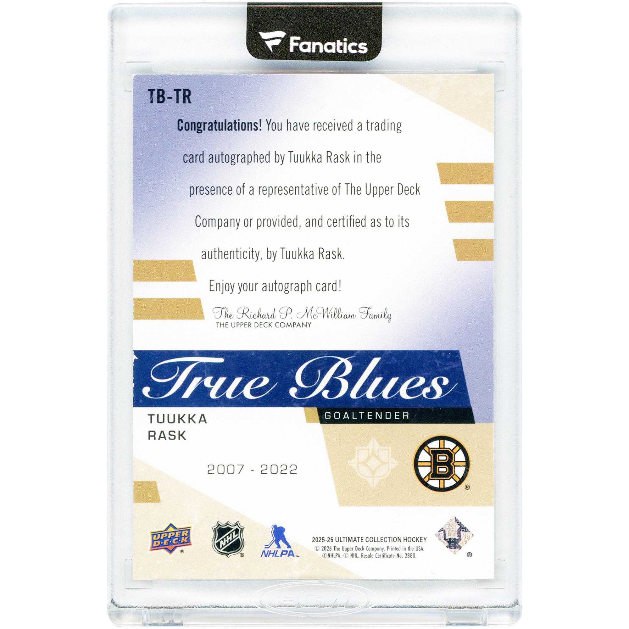 Carte autographiée de Tuukka Rask (Bruins de Boston) 2025-26 Upper Deck Ultimate Collection True Blues #TB-TR #16/30