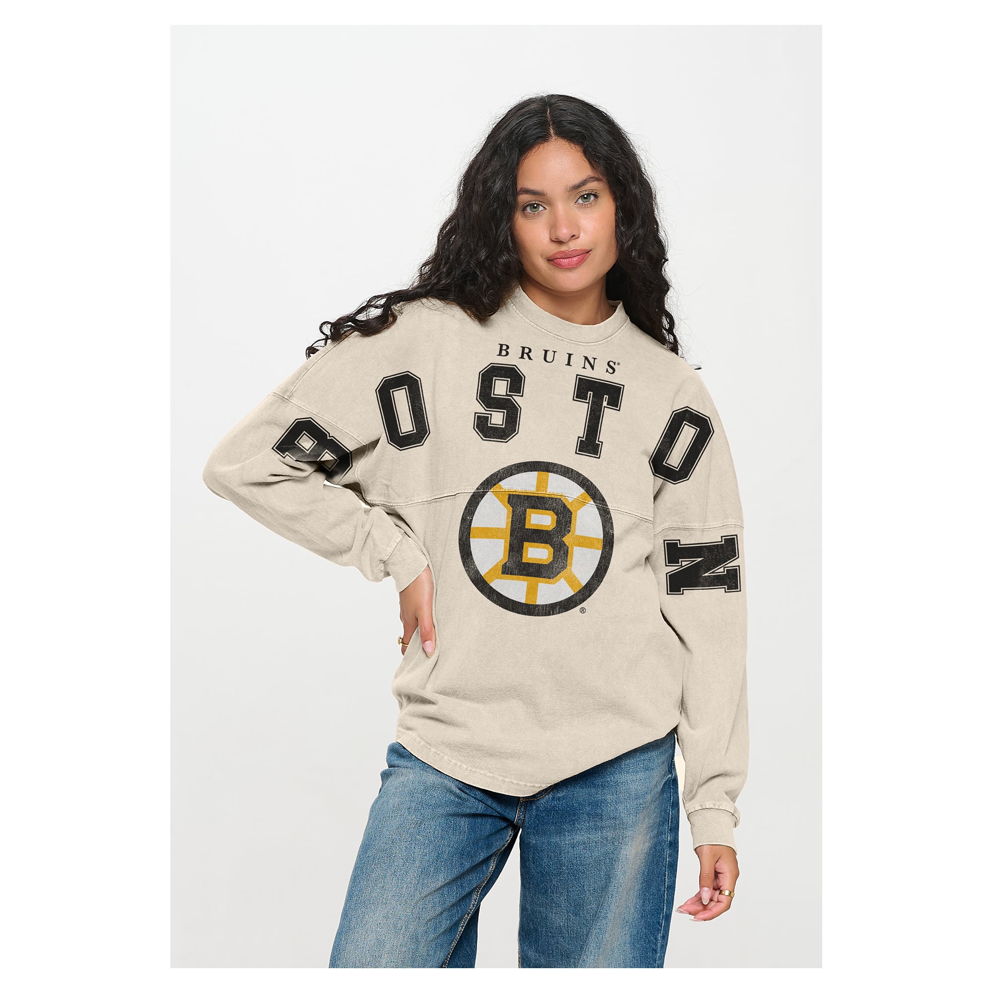 T-shirt unisexe Fanatics crème Boston Bruins à manches longues oversize avec imprimé frontal Spirit Jersey