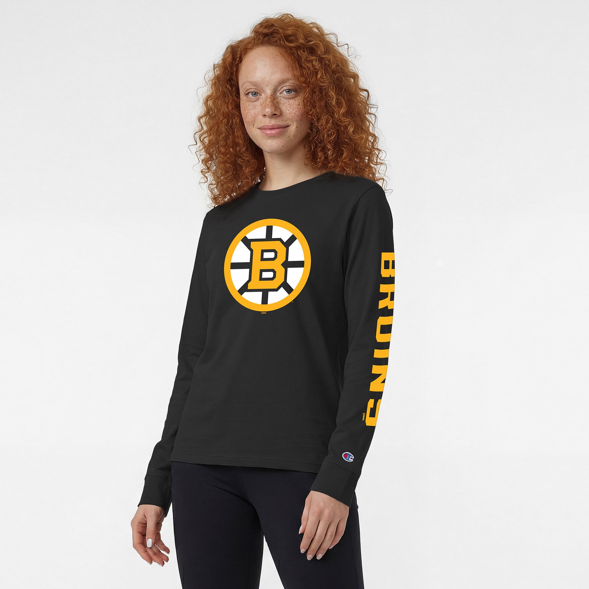 T-shirt à manches longues noir Champion pour femmes avec logo de l'équipe des Bruins Boston