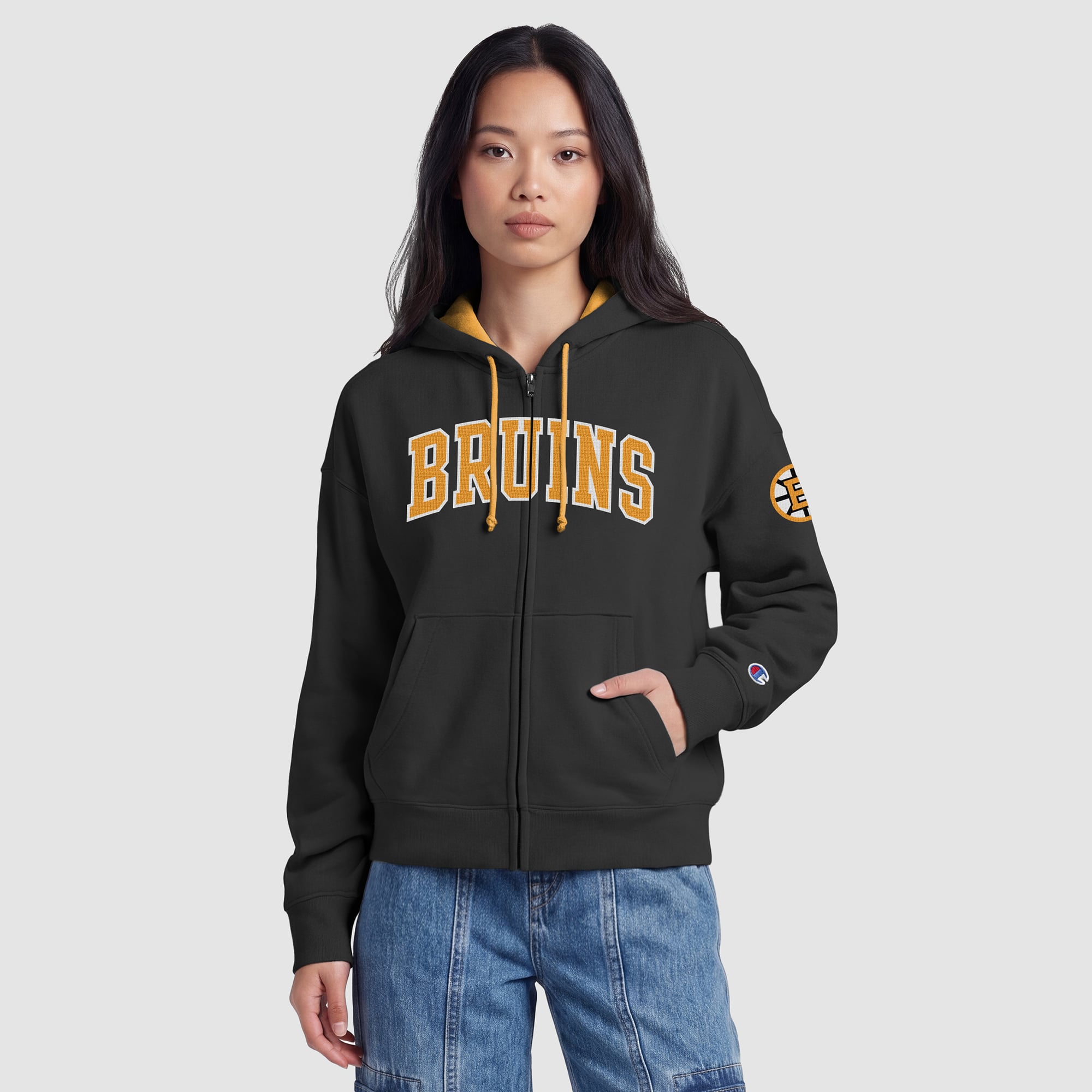 Sweat à capuche zippé en polaire Champion noir et or avec applique Boston Bruins pour femme