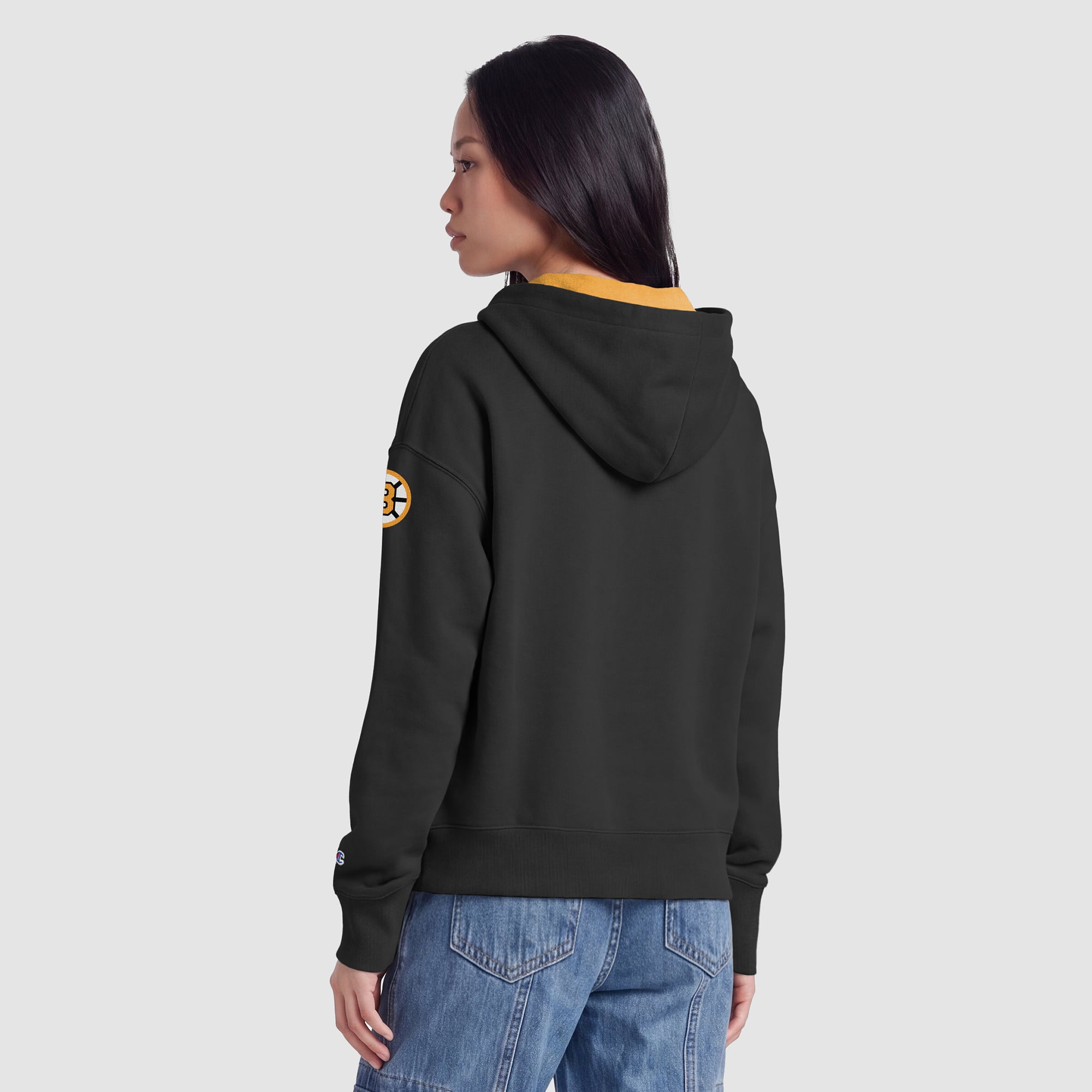 Sweat à capuche zippé en polaire Champion noir et or avec applique Boston Bruins pour femme