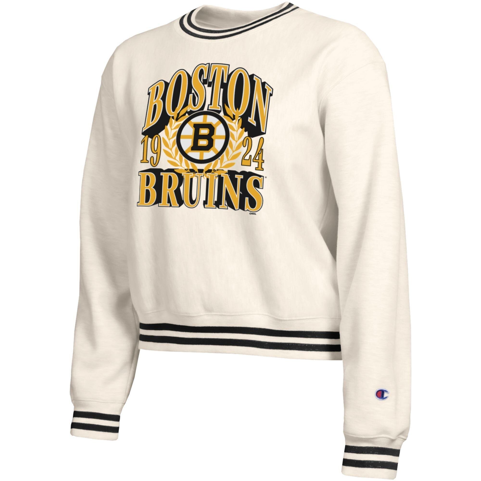 Sweat-shirt Champion crème pour femme, motif Bold Laurels des Boston Bruins, en fil tissé inversé.