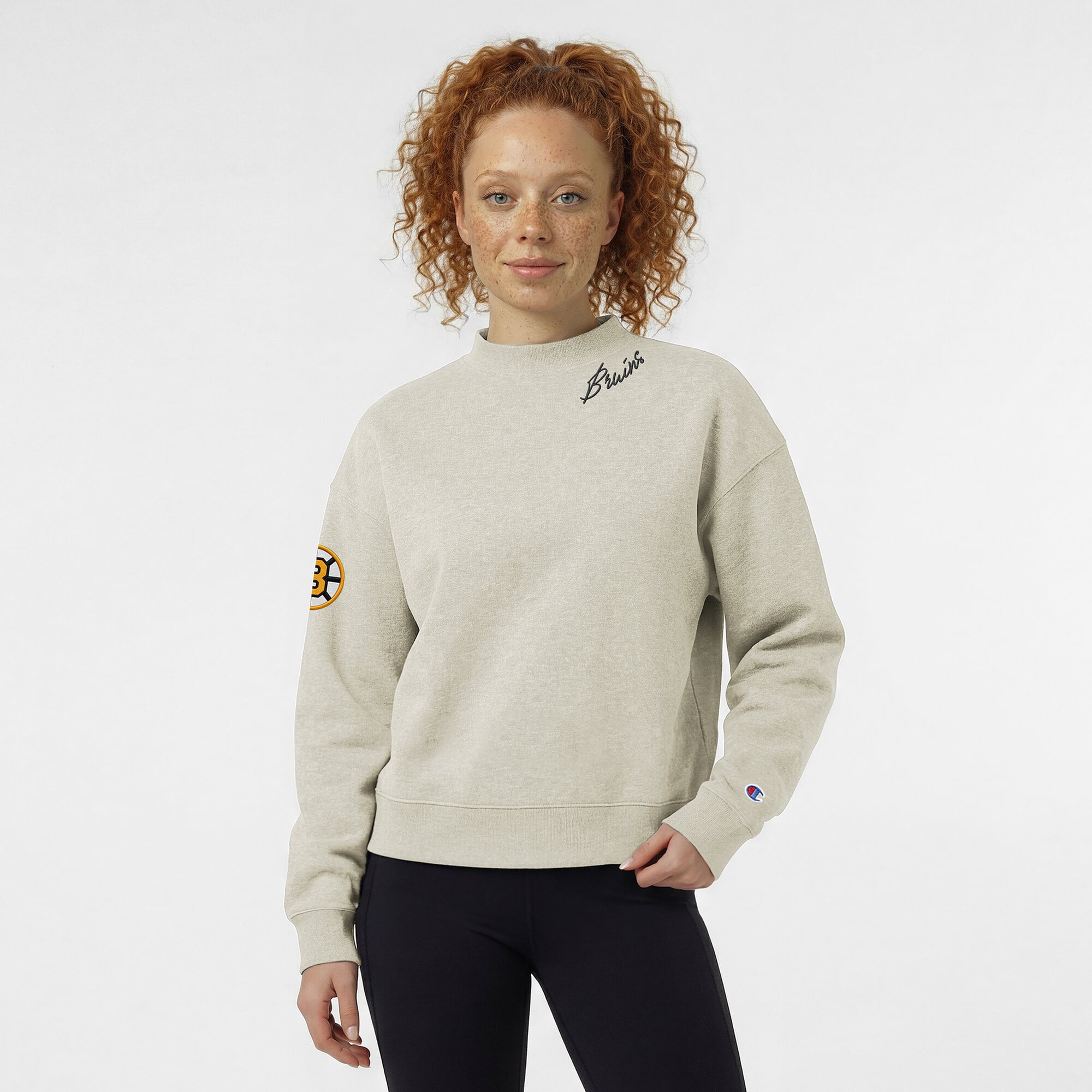Women's Champion  Oatmeal Boston Bruins Collar Script Triumph Tri-Blend Fleece Sweatshirt