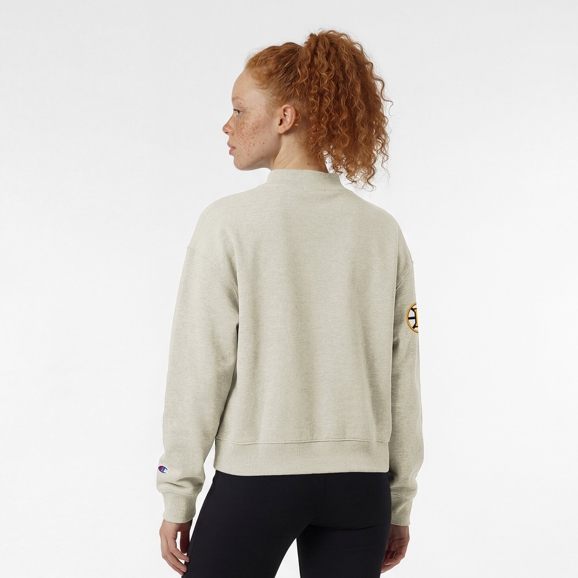 Women's Champion  Oatmeal Boston Bruins Collar Script Triumph Tri-Blend Fleece Sweatshirt