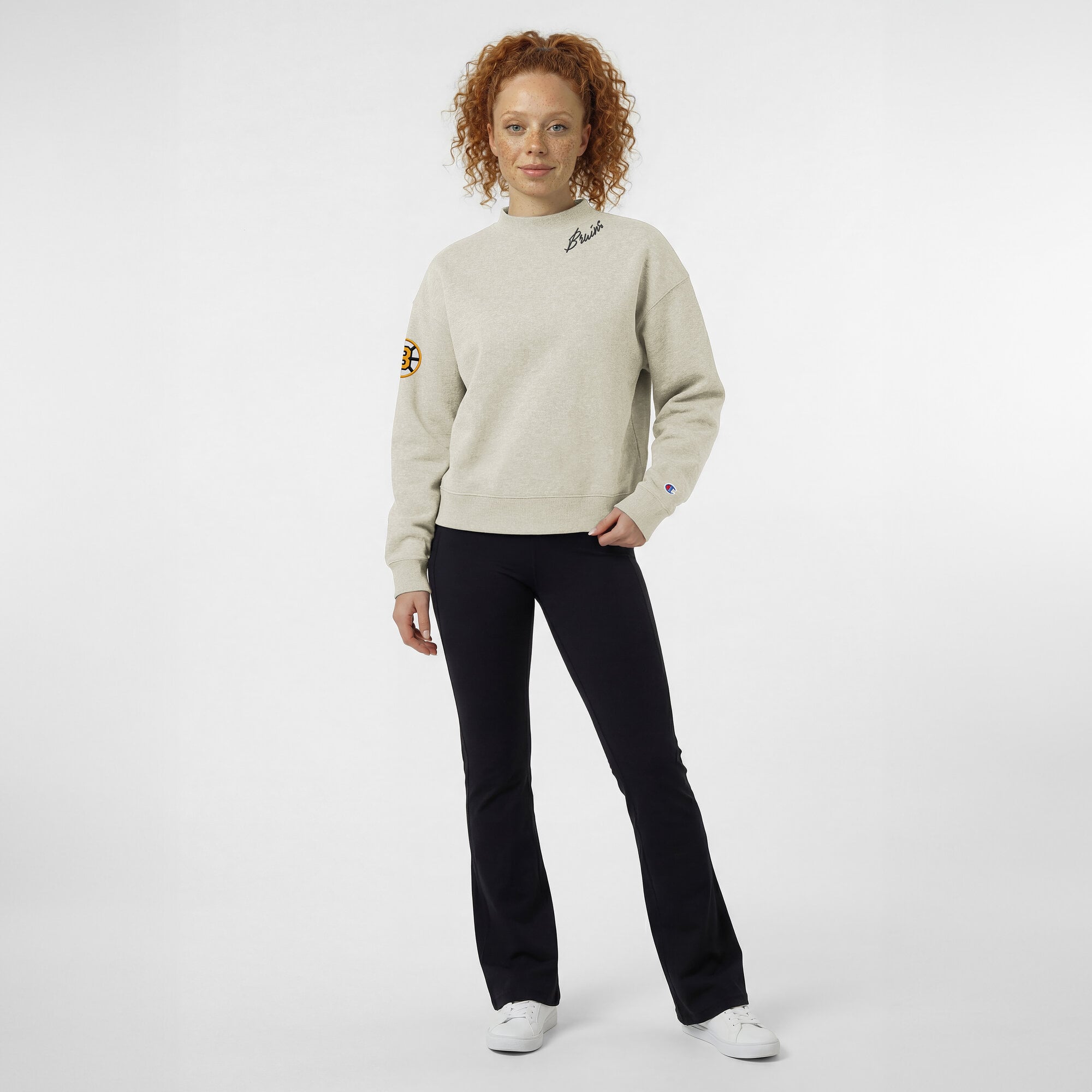 Women's Champion  Oatmeal Boston Bruins Collar Script Triumph Tri-Blend Fleece Sweatshirt