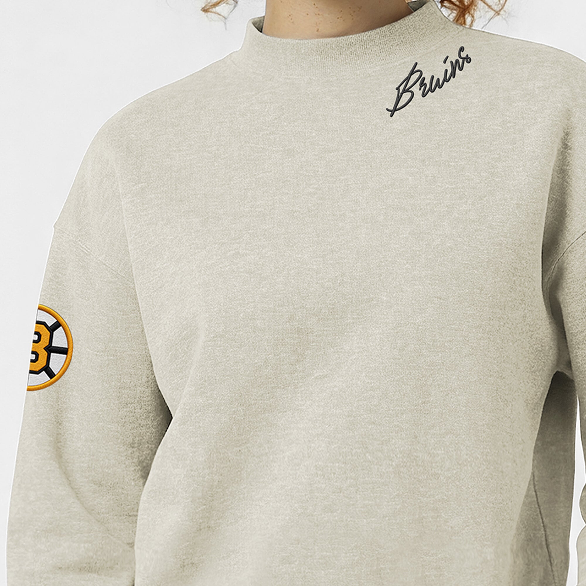 Women's Champion  Oatmeal Boston Bruins Collar Script Triumph Tri-Blend Fleece Sweatshirt