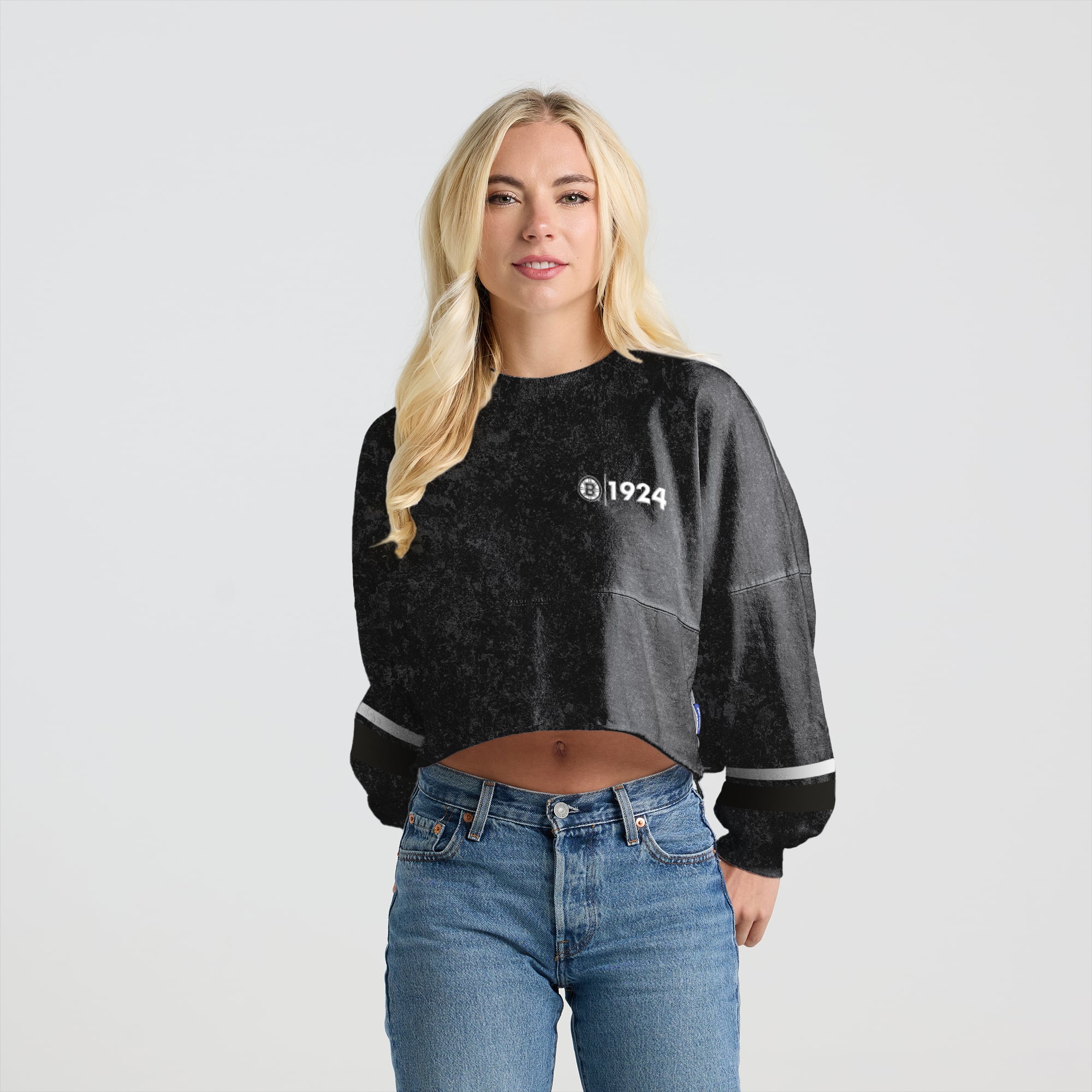 Women's Fanatics Black Boston Bruins Mineral Wash Oversized Long Sleeve Jersey T-Shirt