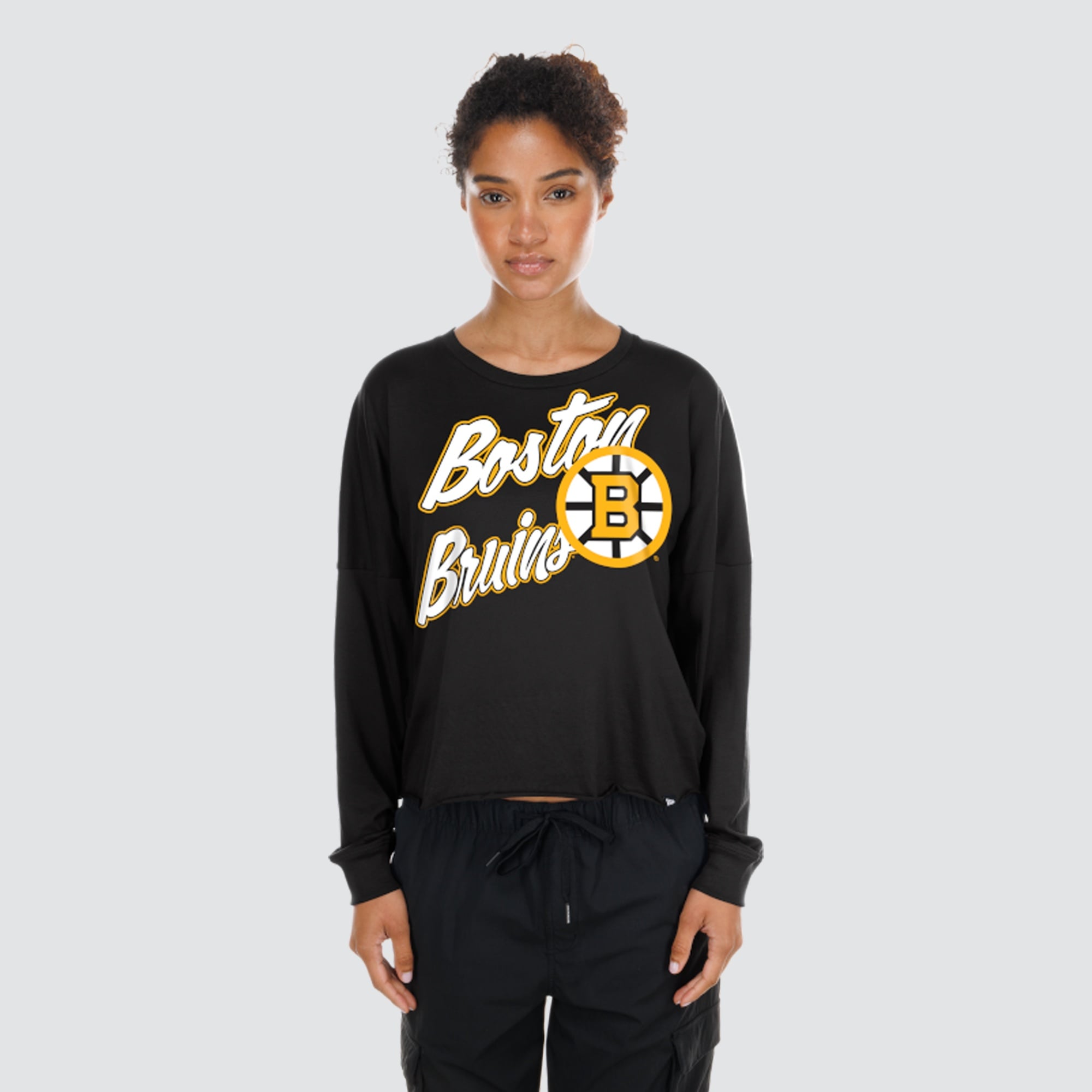 T-shirt à manches longues oversize New Era noir Boston Bruins pour femme