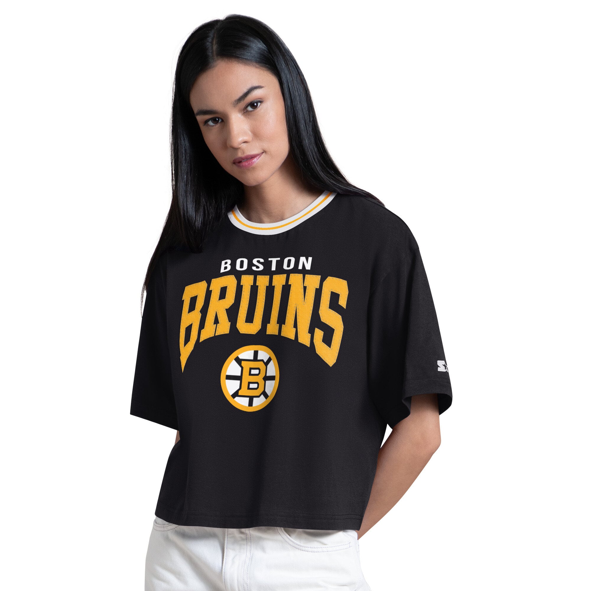 T-shirt court noir Starter pour femmes, motif Boston Bruins Ace