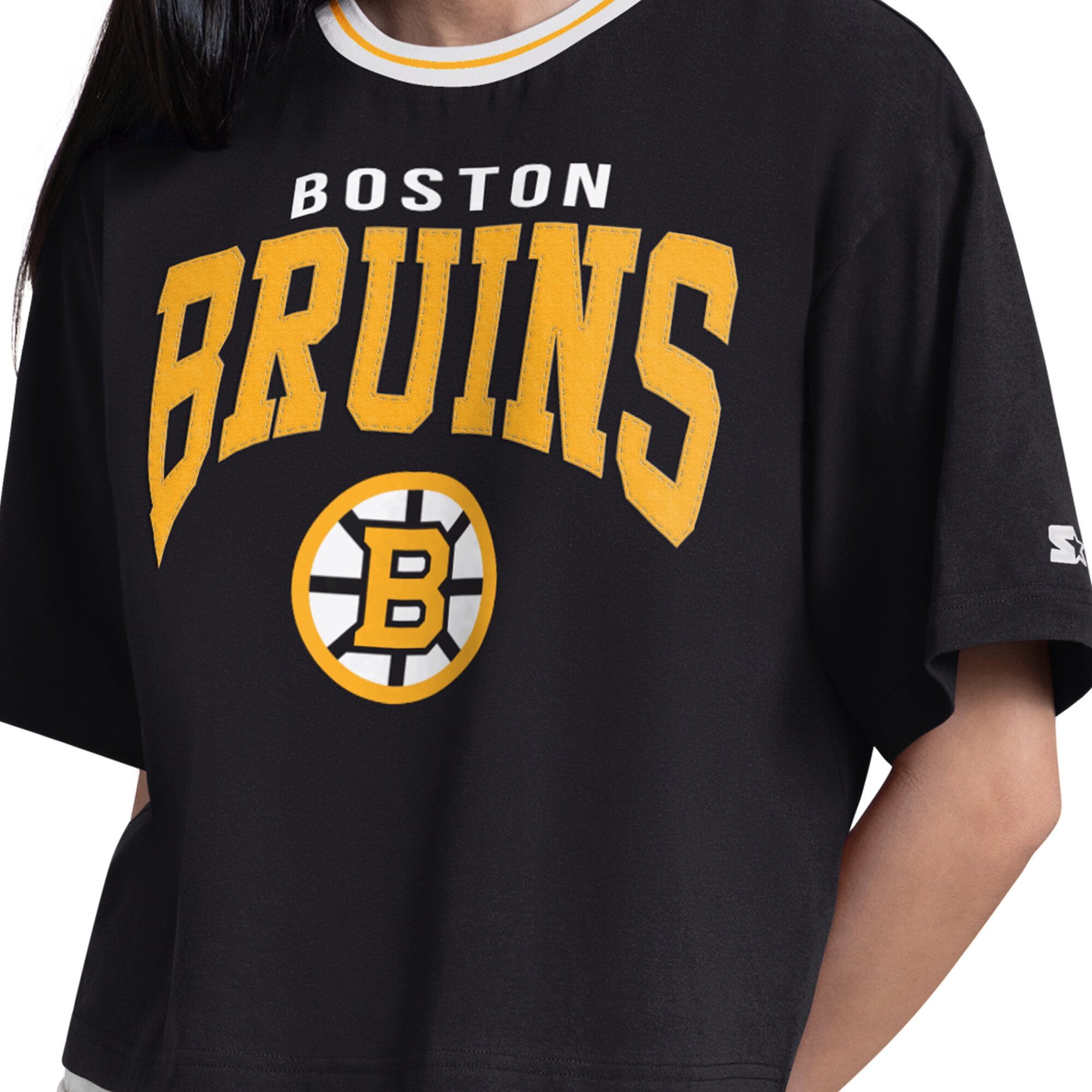 T-shirt court noir Starter pour femmes, motif Boston Bruins Ace