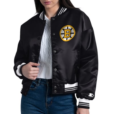  Boston Bruins Starter Women's Arch Stripe Satin Full-Snap Varsity Jacket - Black