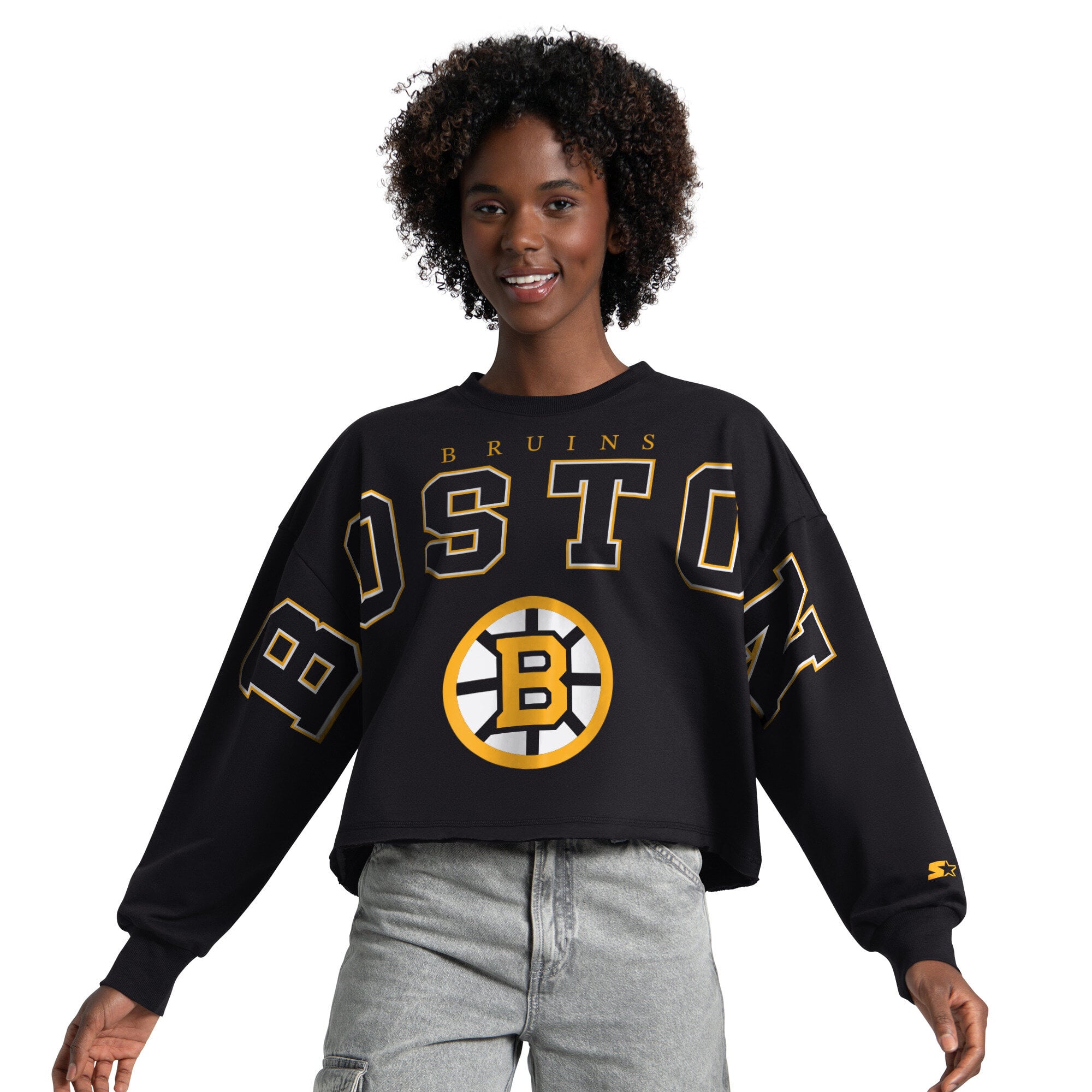 Sweat-shirt court à épaules tombantes Starter Black Boston Bruins pour femme