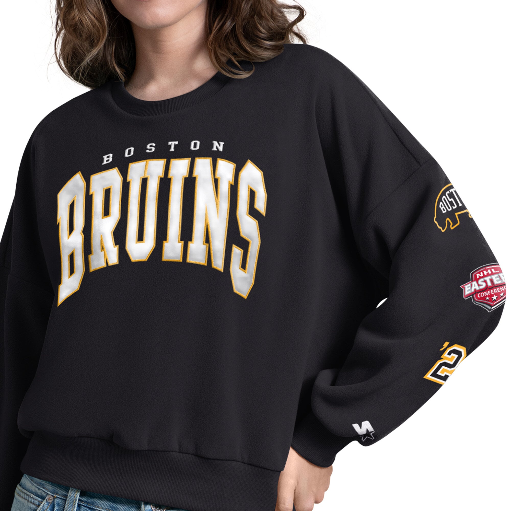 Sweat-shirt Starter noir pour femme, motif imprimé appliqué Boston Bruins sur les manches