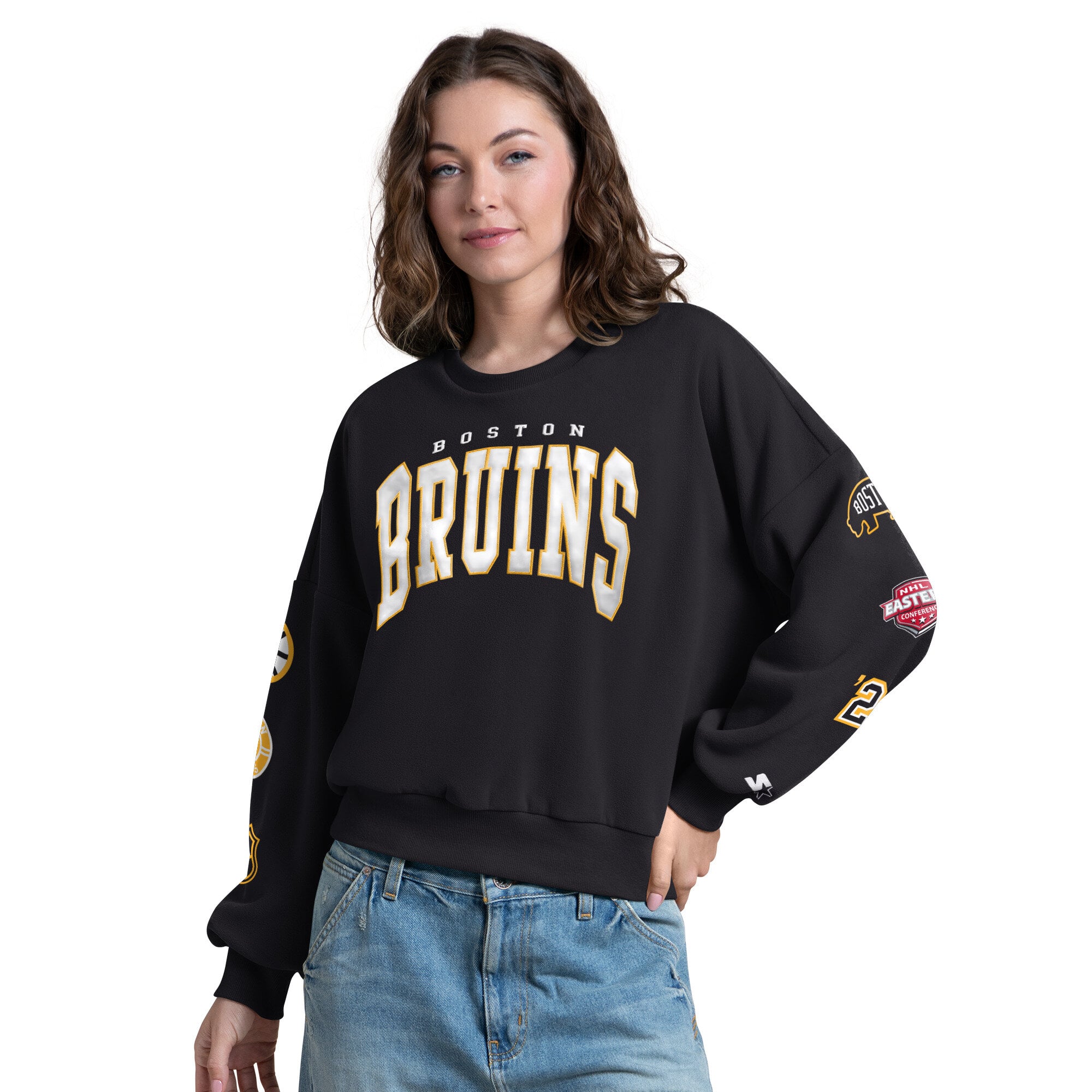 Sweat-shirt Starter noir pour femme, motif imprimé appliqué Boston Bruins sur les manches