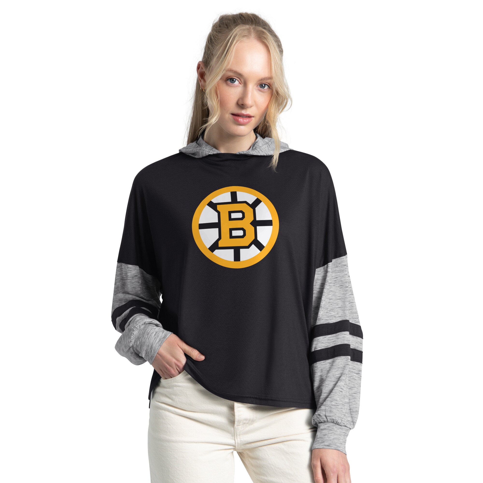T-shirt à capuche manches longues Starter Black Boston Bruins Fuel Up pour femmes