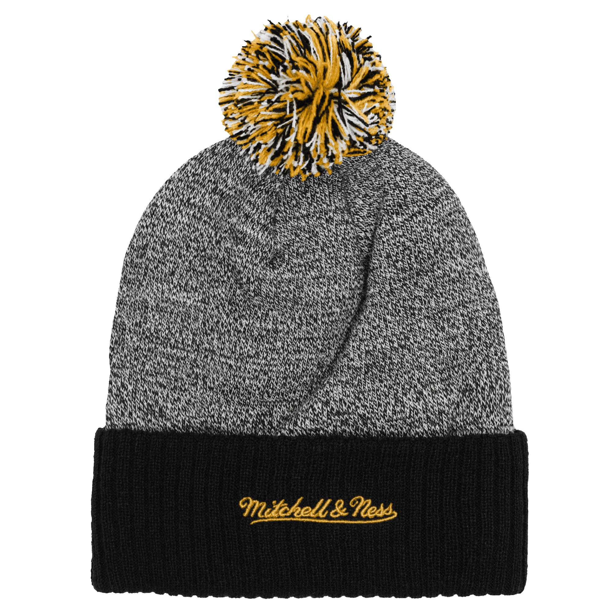 Youth Mitchell & Ness Black/Gray Boston Bruins Mascot Cuffed Knit Hat with Pom