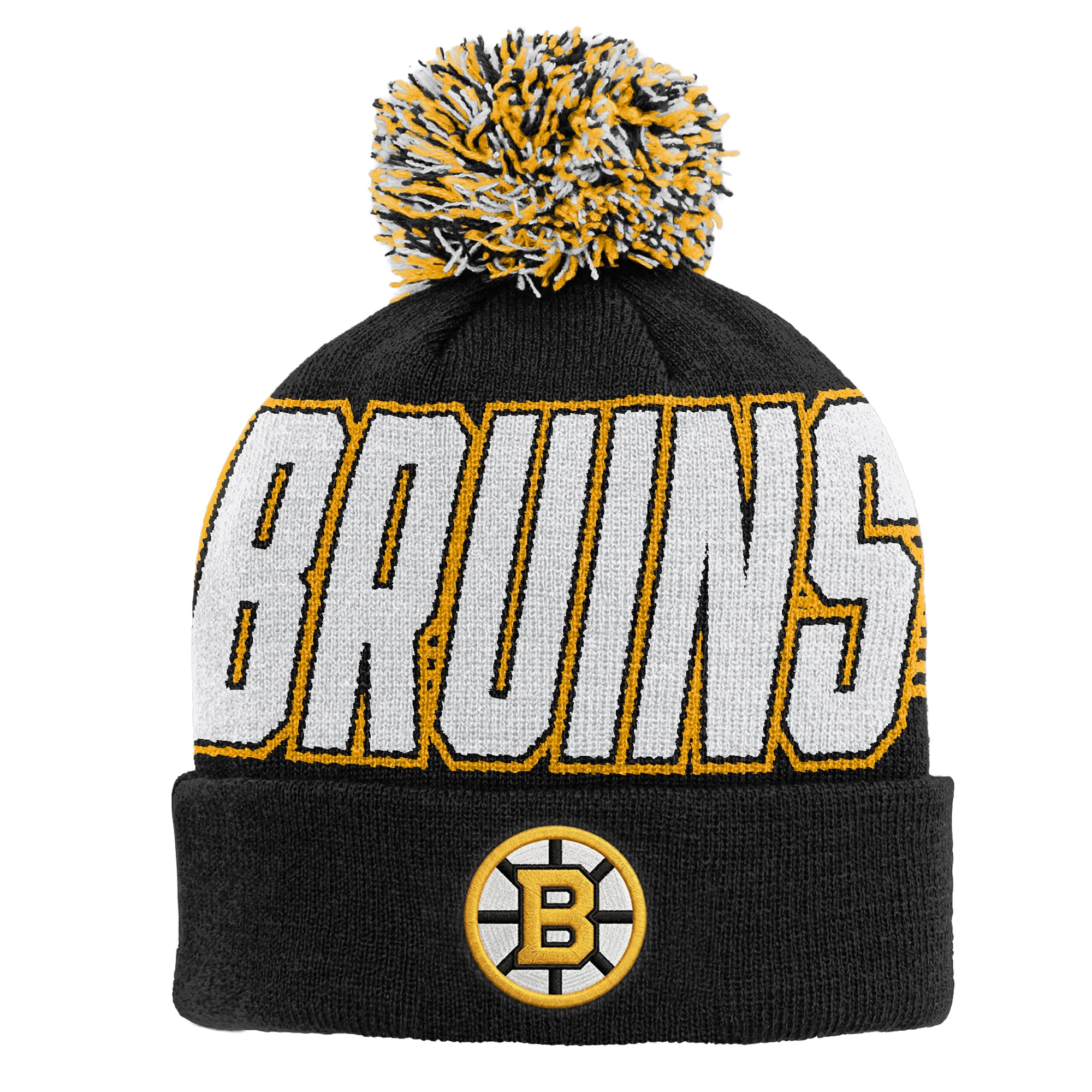 Bonnet tricoté noir à revers Boston Bruins pour enfant Outerstuff avec pompon