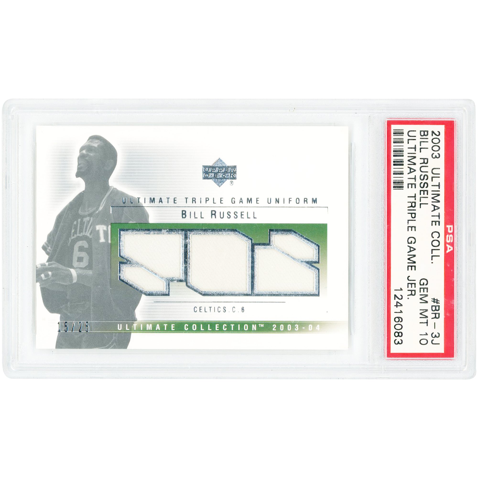 Carte de collection Bill Russell Boston Celtics 2003-04 Upper Deck Ultimate Collection Triple Game Used Relics #BR-3J #15/25 authentifiée PSA (10 cartes)
