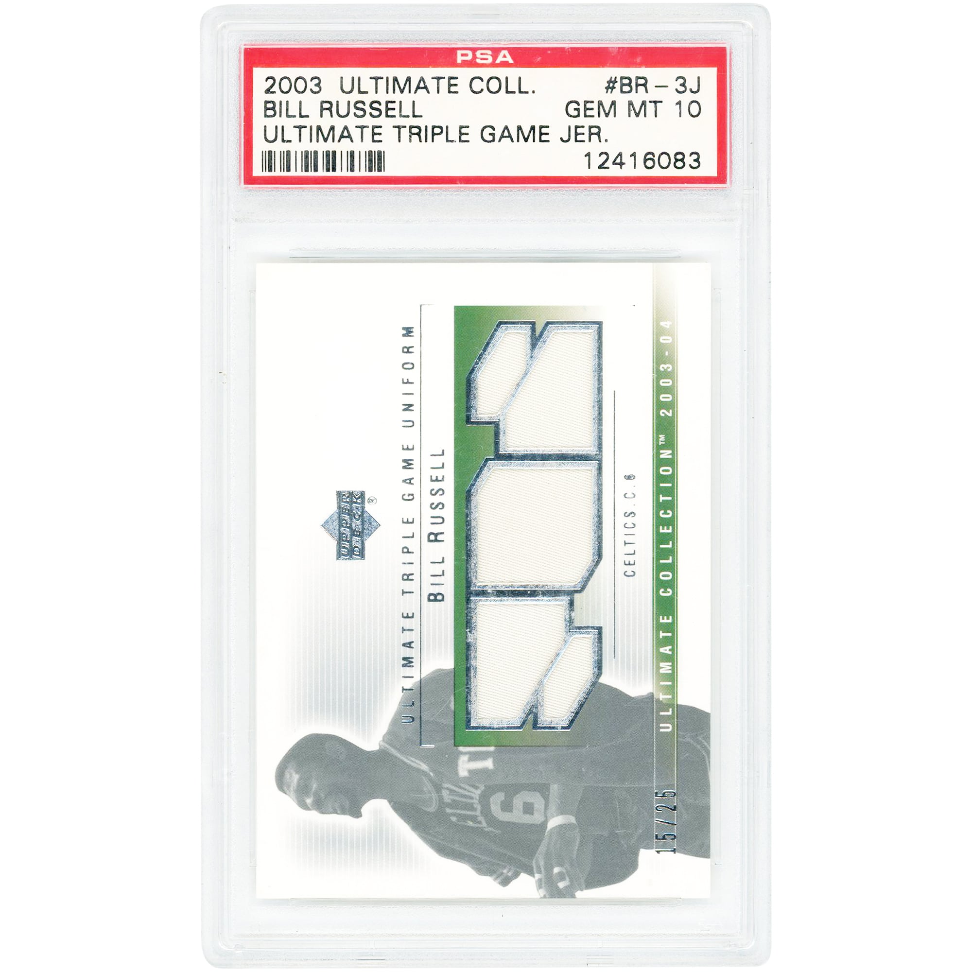 Carte de collection Bill Russell Boston Celtics 2003-04 Upper Deck Ultimate Collection Triple Game Used Relics #BR-3J #15/25 authentifiée PSA (10 cartes)