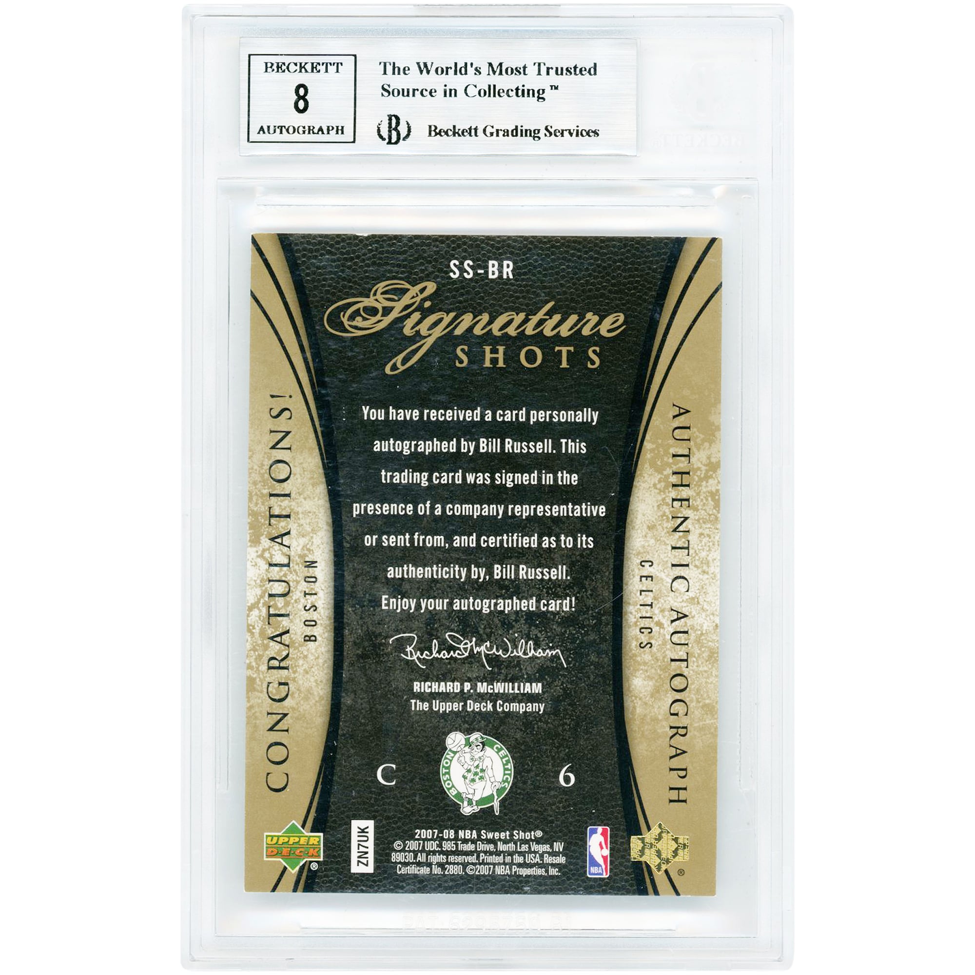 Carte autographiée de Bill Russell (Boston Celtics) 2007-08 Upper Deck Sweet Shot Gold #SS-BR #3/10, authentifiée BGS 8,5/8