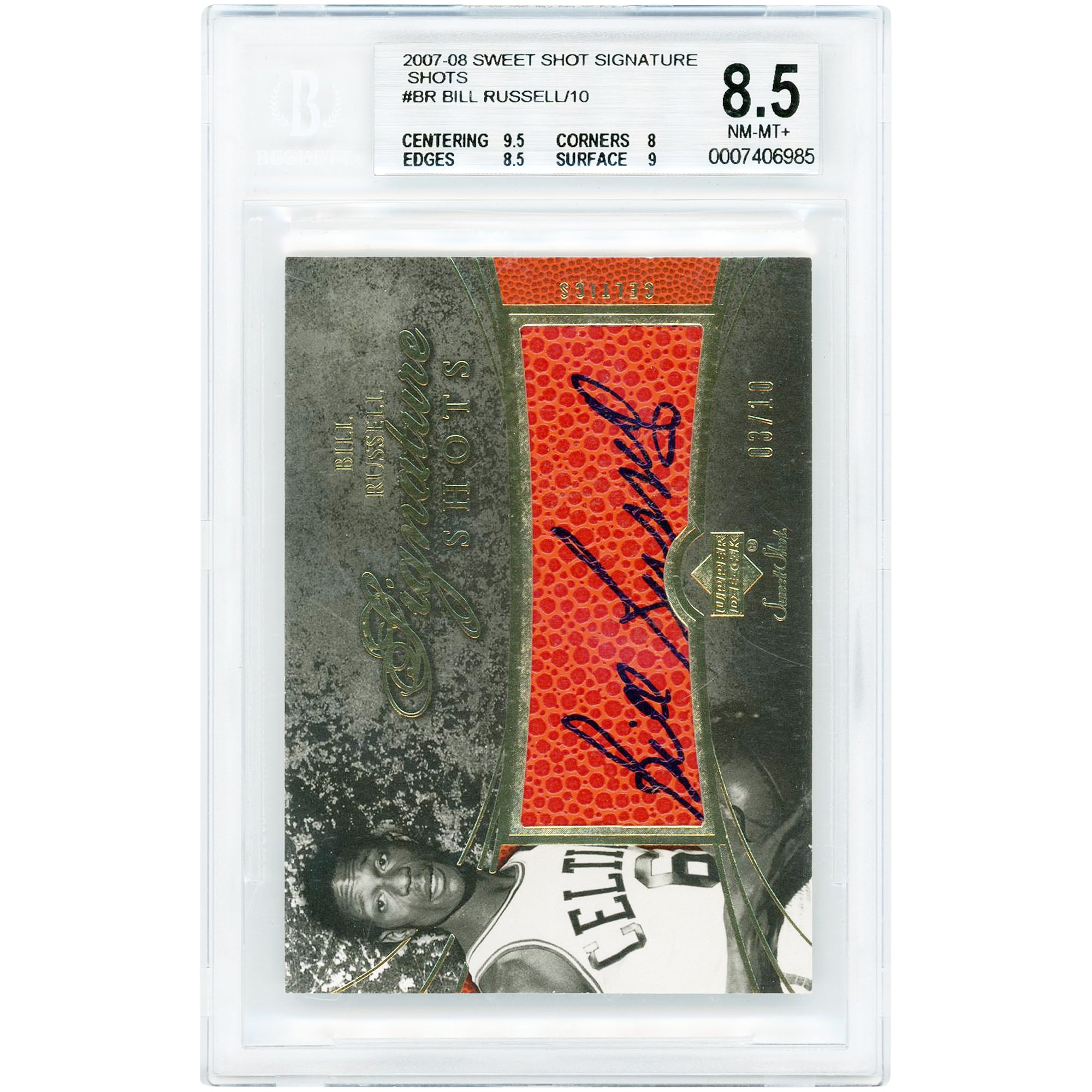 Carte autographiée de Bill Russell (Boston Celtics) 2007-08 Upper Deck Sweet Shot Gold #SS-BR #3/10, authentifiée BGS 8,5/8